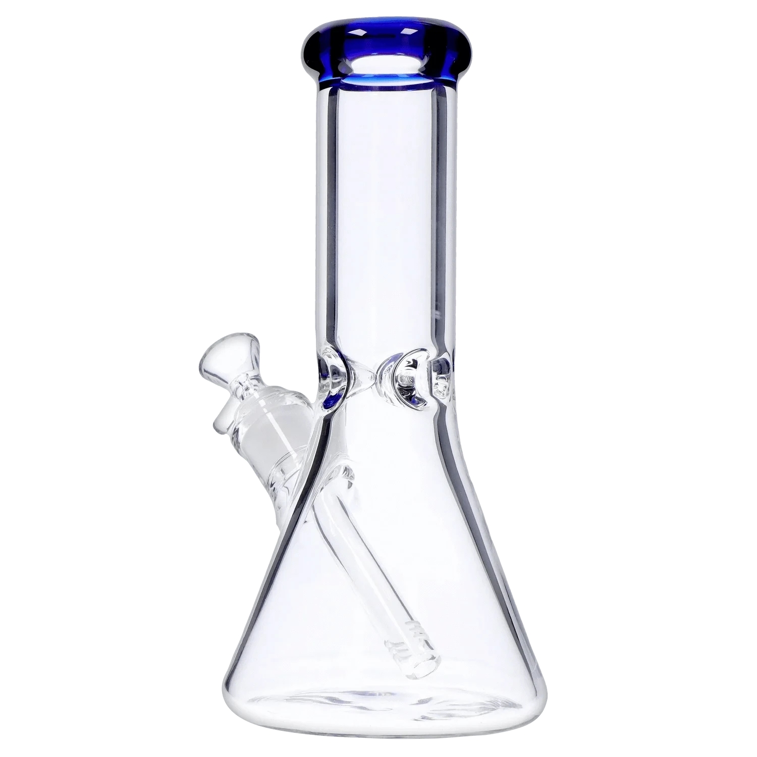 Close-up front view of the DHC Beaker with Color Mouthpiece & Ice Pinch Bong - 10 in., showing its clear glass beaker body, angled downstem, and blue-rimmed mouthpiece.