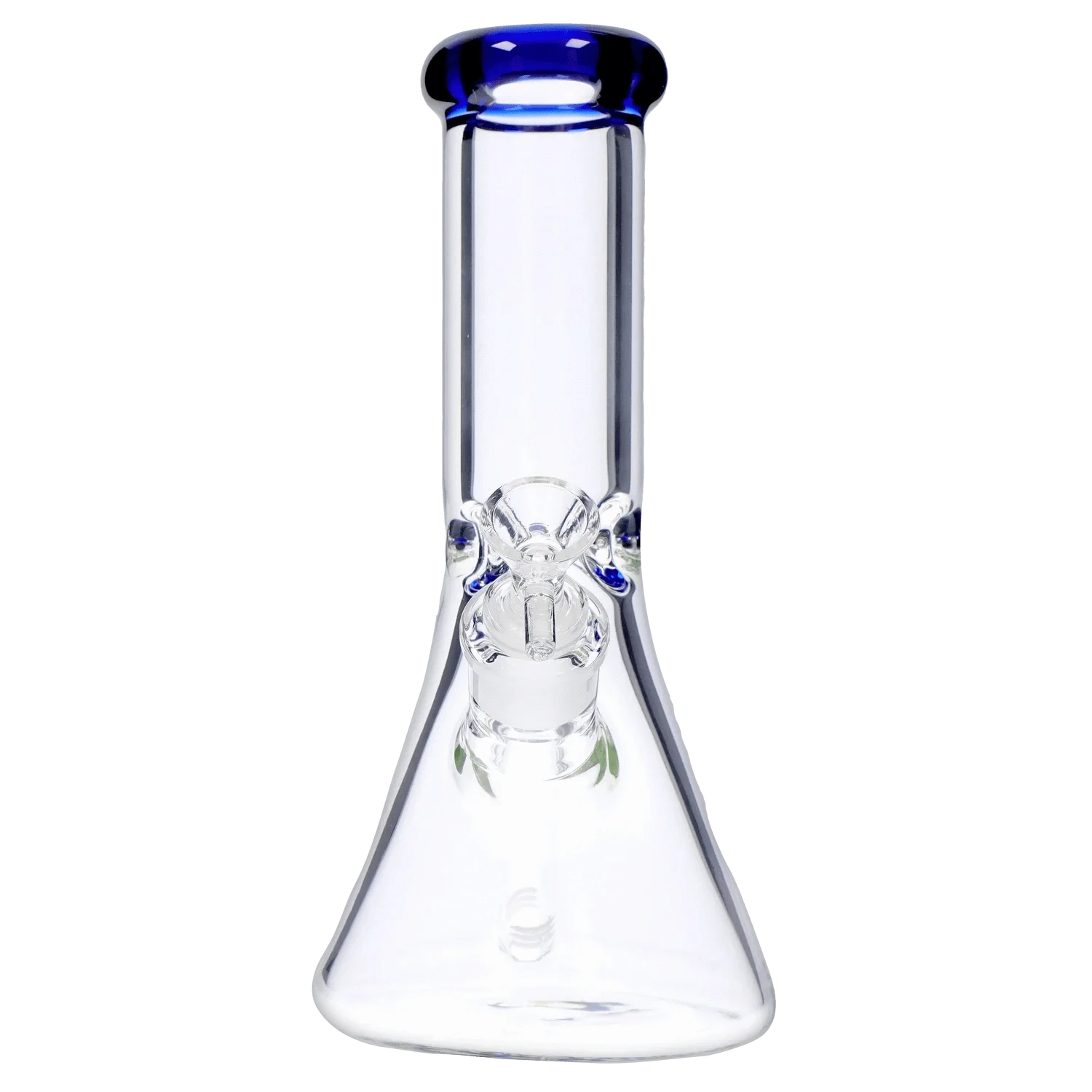 Straight-on view of the DHC Beaker with Color Mouthpiece & Ice Pinch Bong - 10 in., showing its clear glass body and blue-rimmed mouthpiece.