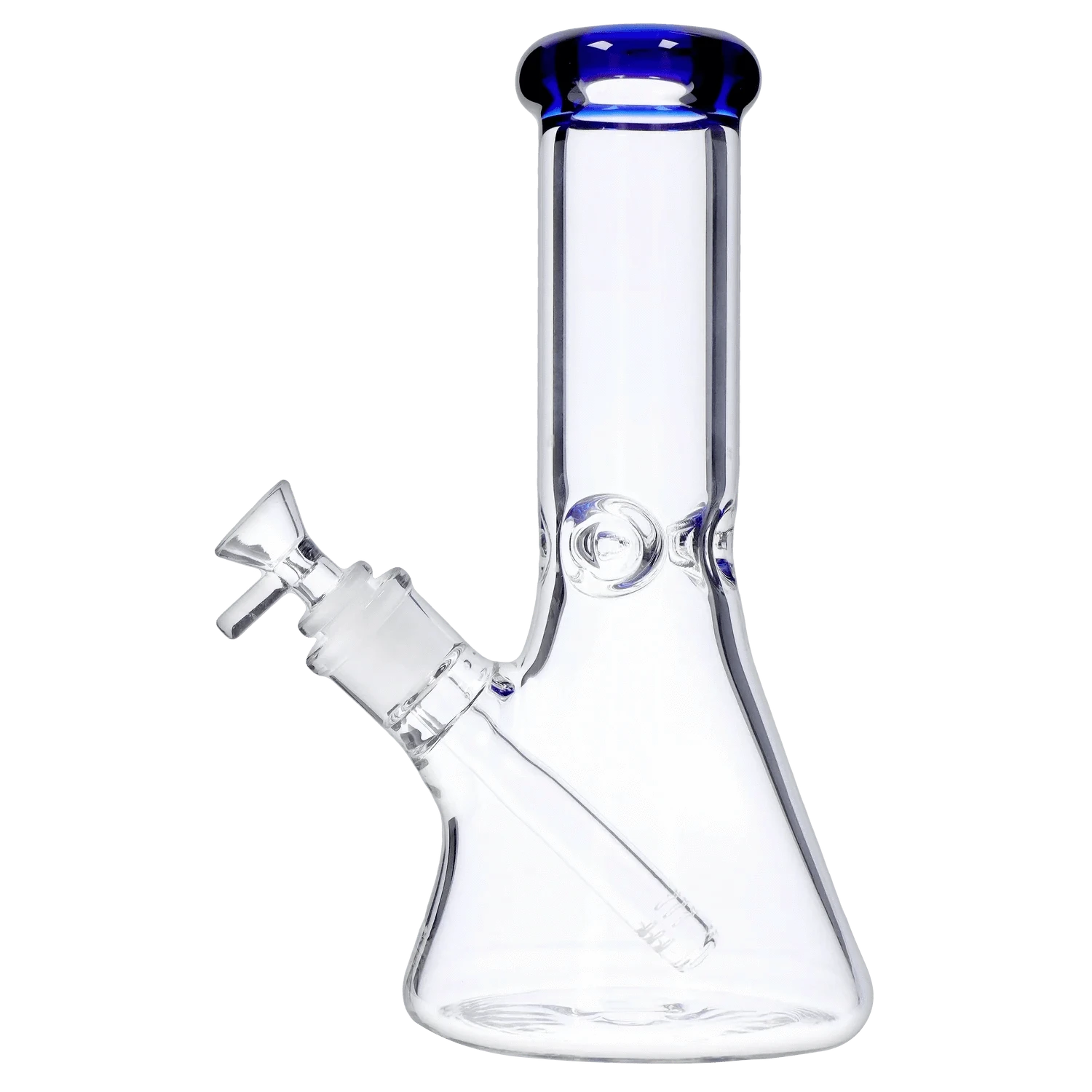 Close-up front view of the DHC Beaker with Color Mouthpiece & Ice Pinch Bong - 10 in., showing its clear glass beaker body, angled downstem and blue-tinted mouthpiece.