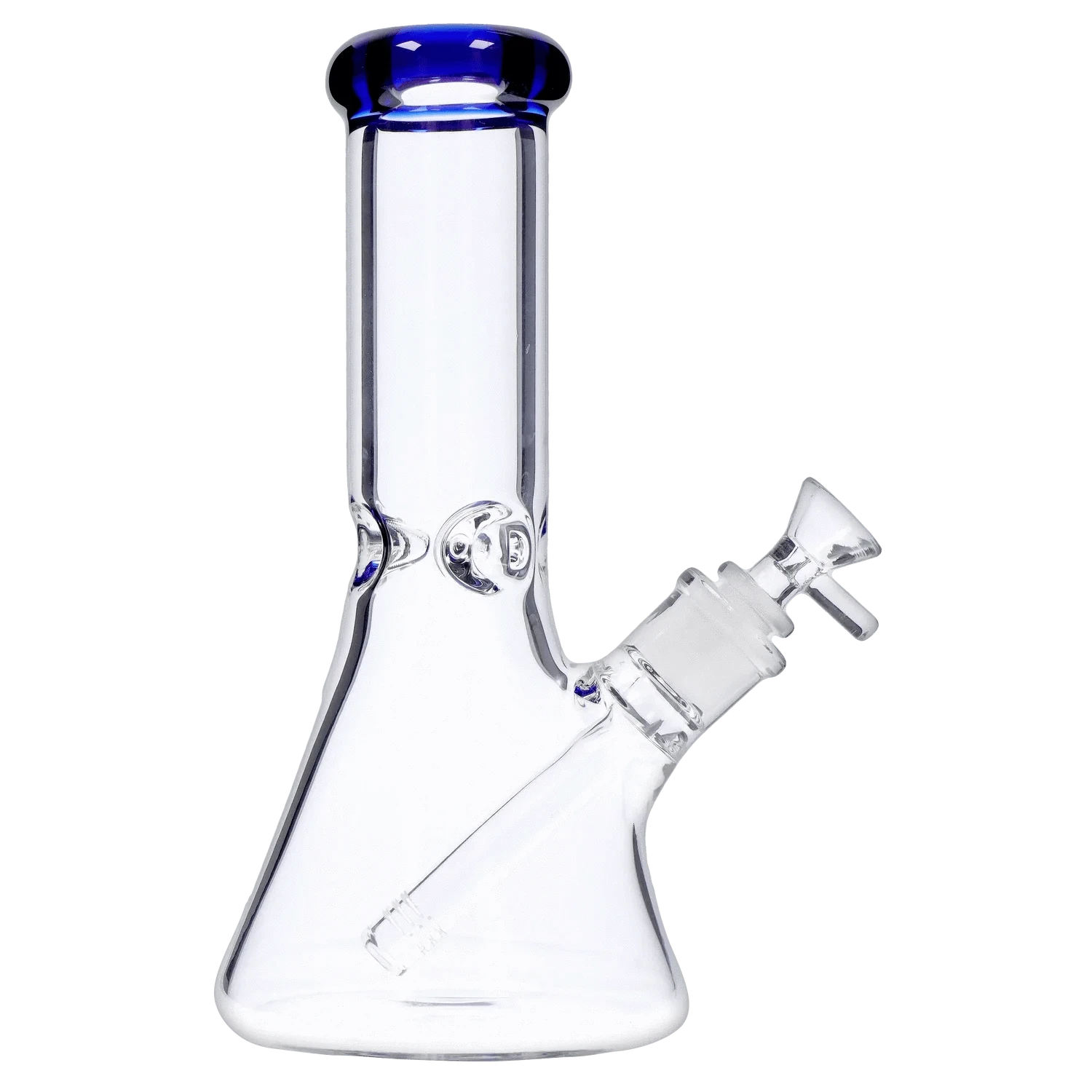 Angled close-up of the 10 in. DHC Beaker with Color Mouthpiece & Ice Pinch Bong showing its clear beaker body, blue-rimmed mouthpiece, and slanted downstem.