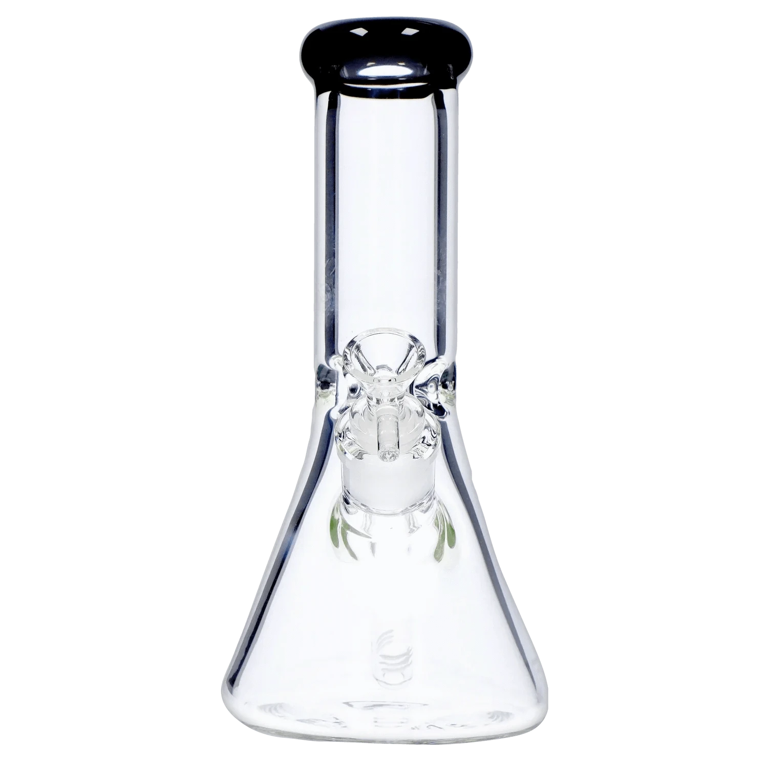 Centered front view of the clear glass DHC Beaker with Color Mouthpiece & Ice Pinch Bong - 10 in., photographed against a plain background showing its funnel-shaped base and joint.