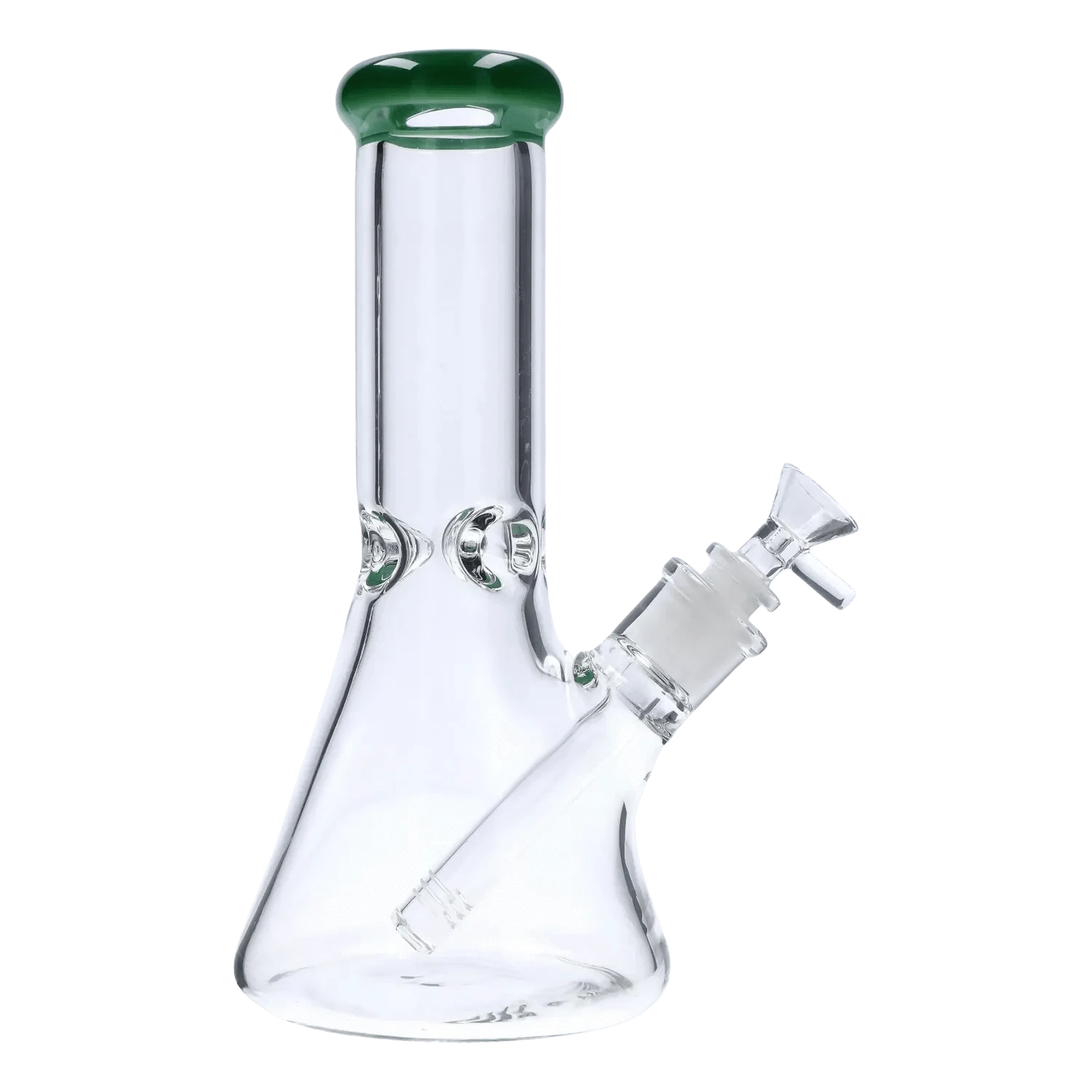 Angled close-up of the DHC Beaker with Color Mouthpiece & Ice Pinch Bong - 10 in., showing its clear glass beaker body, green rimmed mouthpiece, and slanted bowl joint.