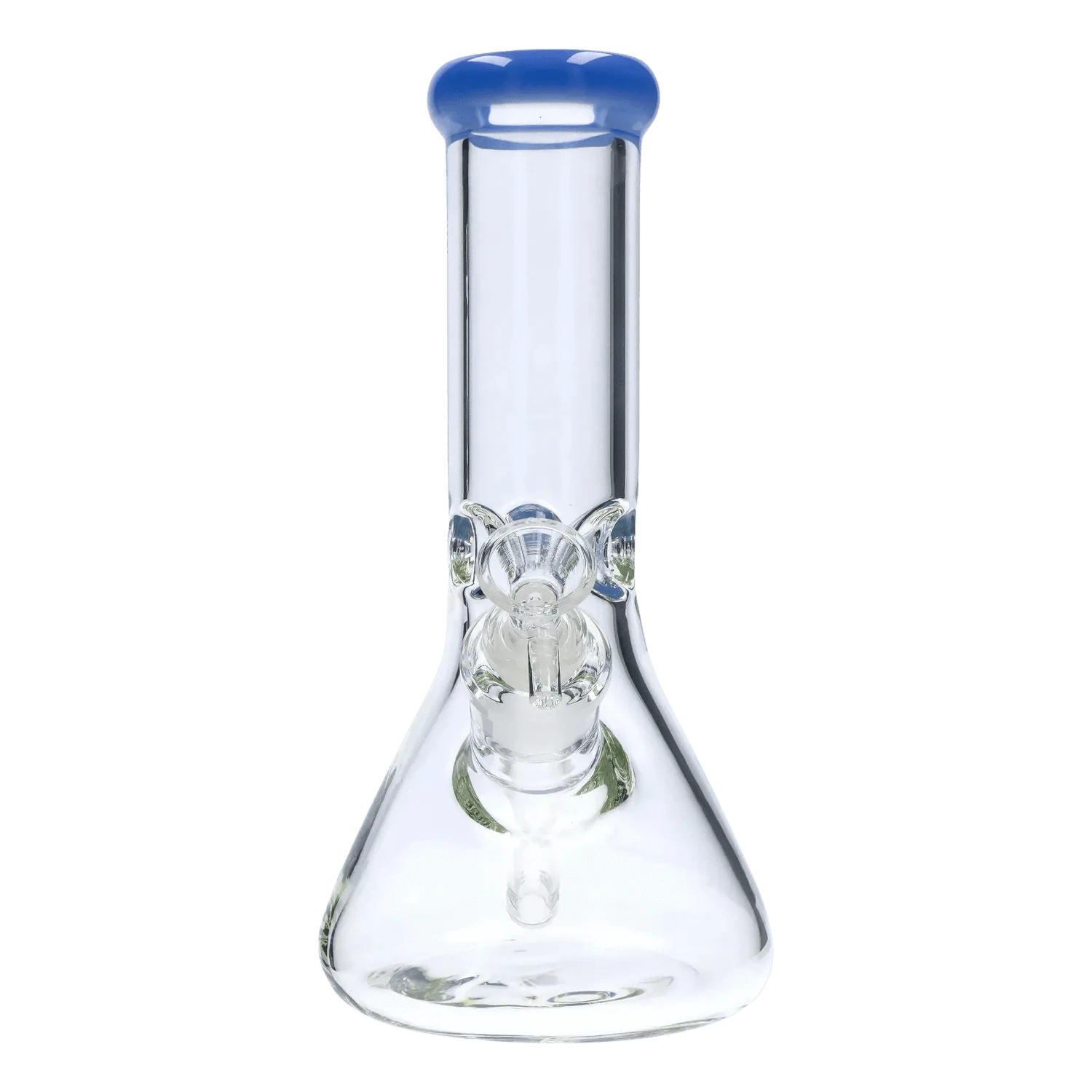 Straight-on view of the DHC Beaker with Color Mouthpiece & Ice Pinch Bong - 10 in., showing its clear beaker body and blue-rimmed mouthpiece against a white background