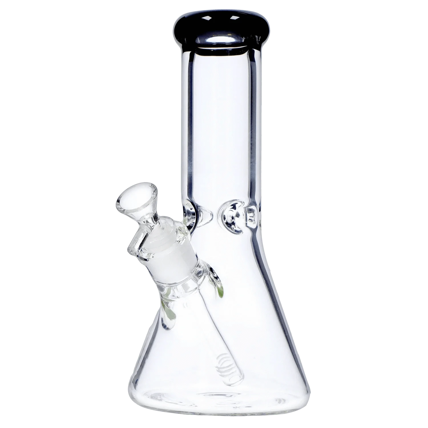 Close-up front view of the DHC Beaker with Color Mouthpiece & Ice Pinch Bong - 10 in., showing the clear glass beaker base, angled downstem and dark-colored flared mouthpiece.