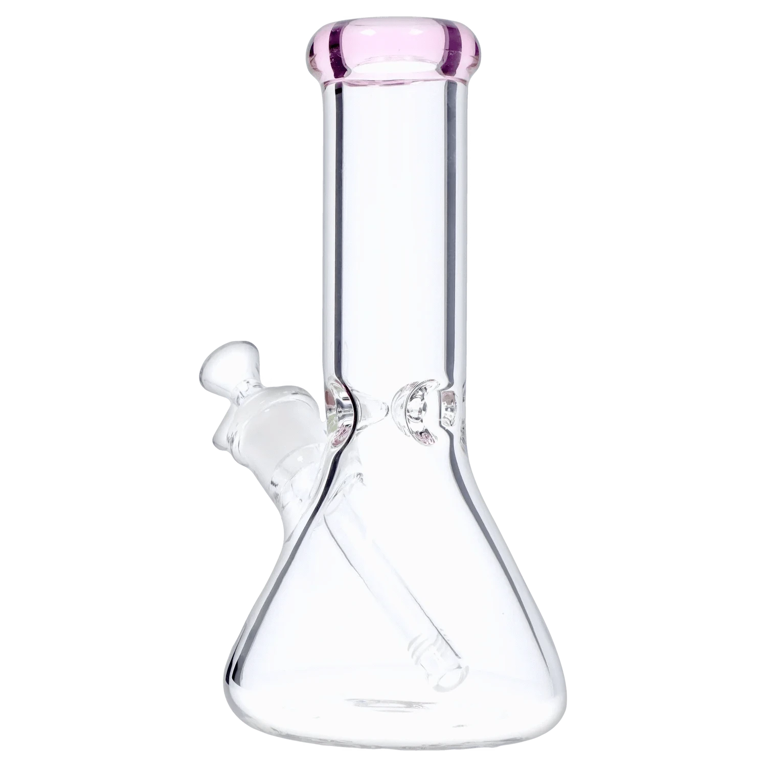 Front-facing view of the DHC Beaker with Color Mouthpiece & Ice Pinch Bong - 10 in., showing a clear glass beaker body with a pale green-tinted rounded mouthpiece and angled downstem against a white background