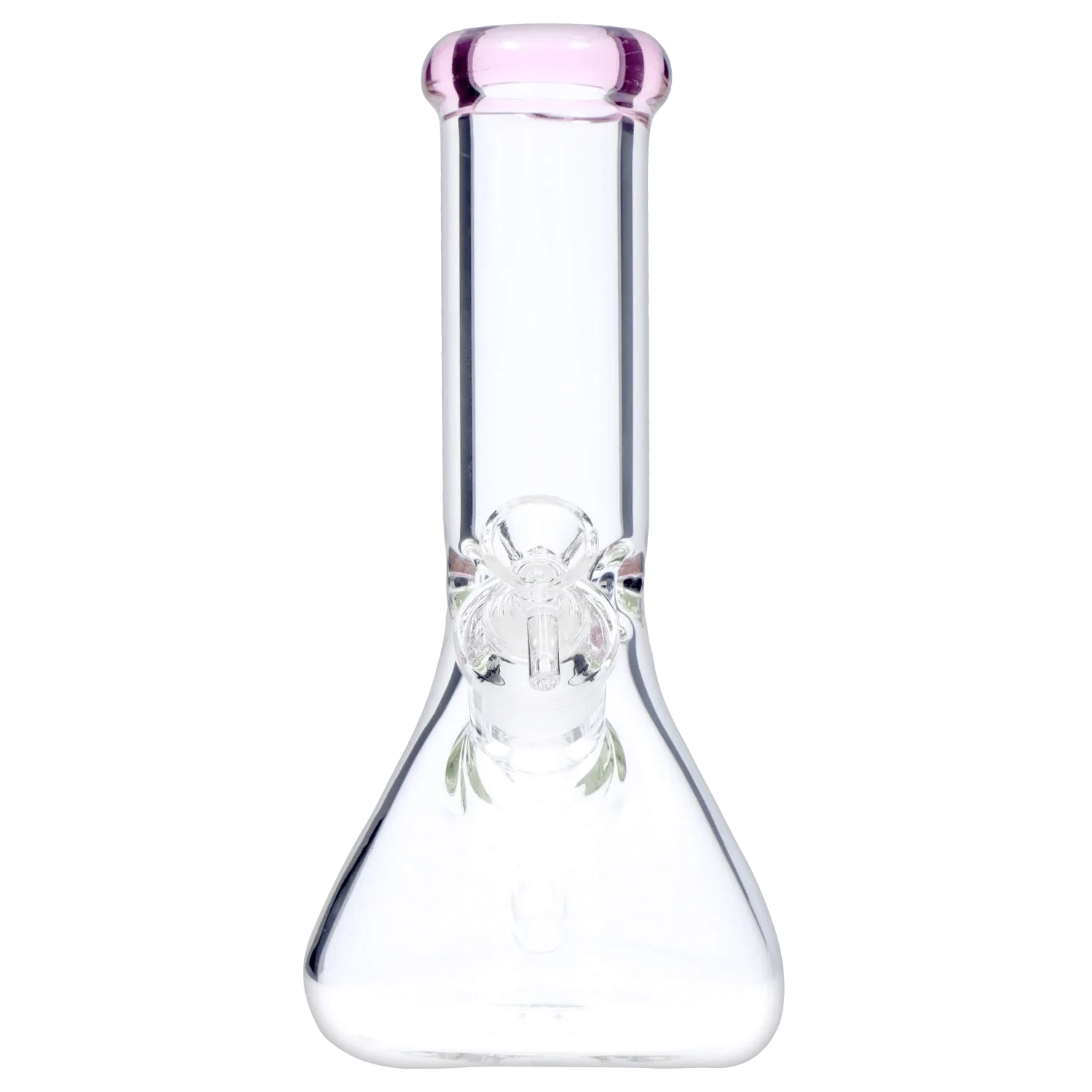 Center-frontal view of the DHC Beaker with Color Mouthpiece & Ice Pinch Bong - 10 in., showing its clear glass neck with a pale blue-green mouthpiece and visible ice pinch and bowl.