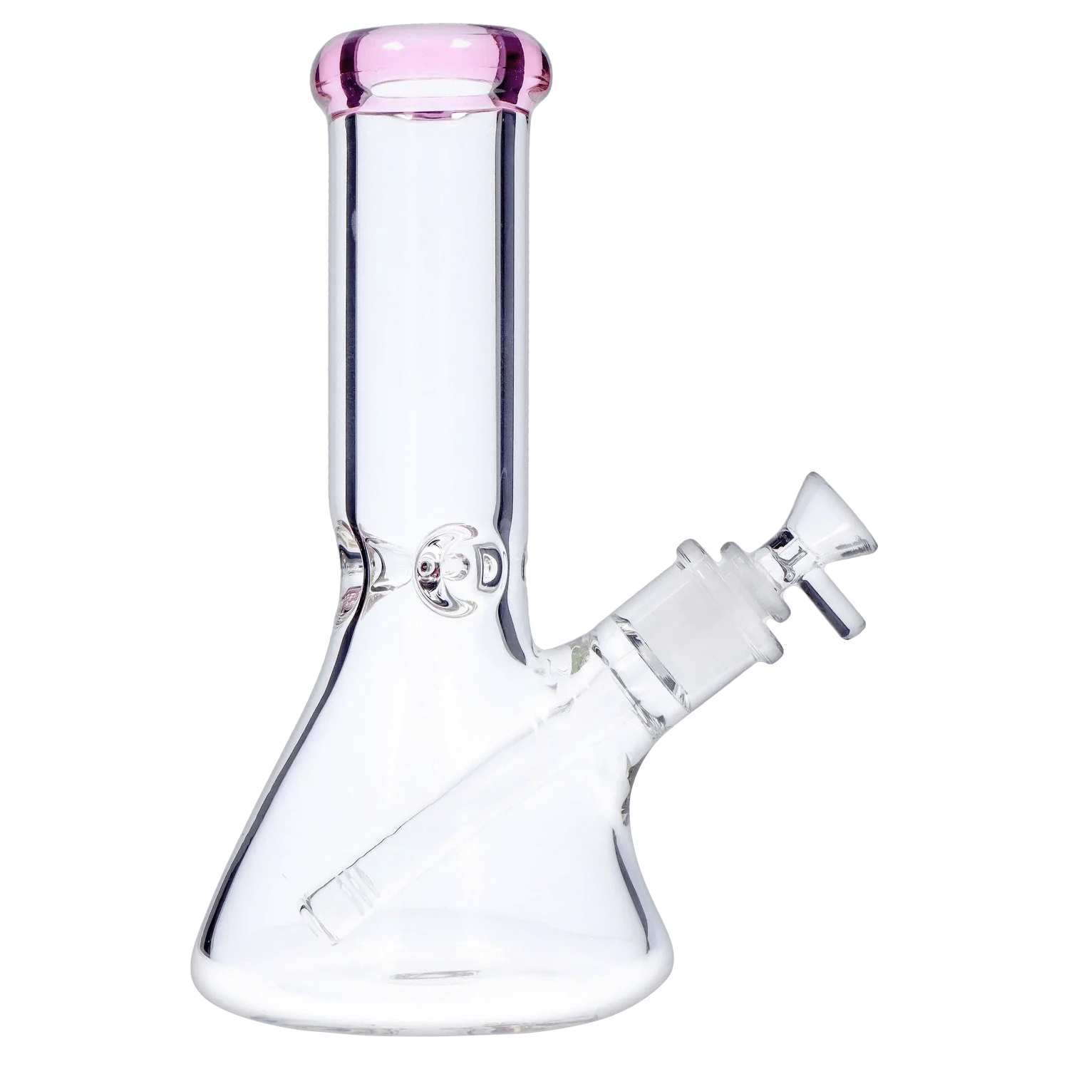 Angled close-up of the DHC Beaker with Color Mouthpiece & Ice Pinch Bong - 10 in., showing its clear glass beaker base, slanted downstem, and pink-tinted rounded mouthpiece.