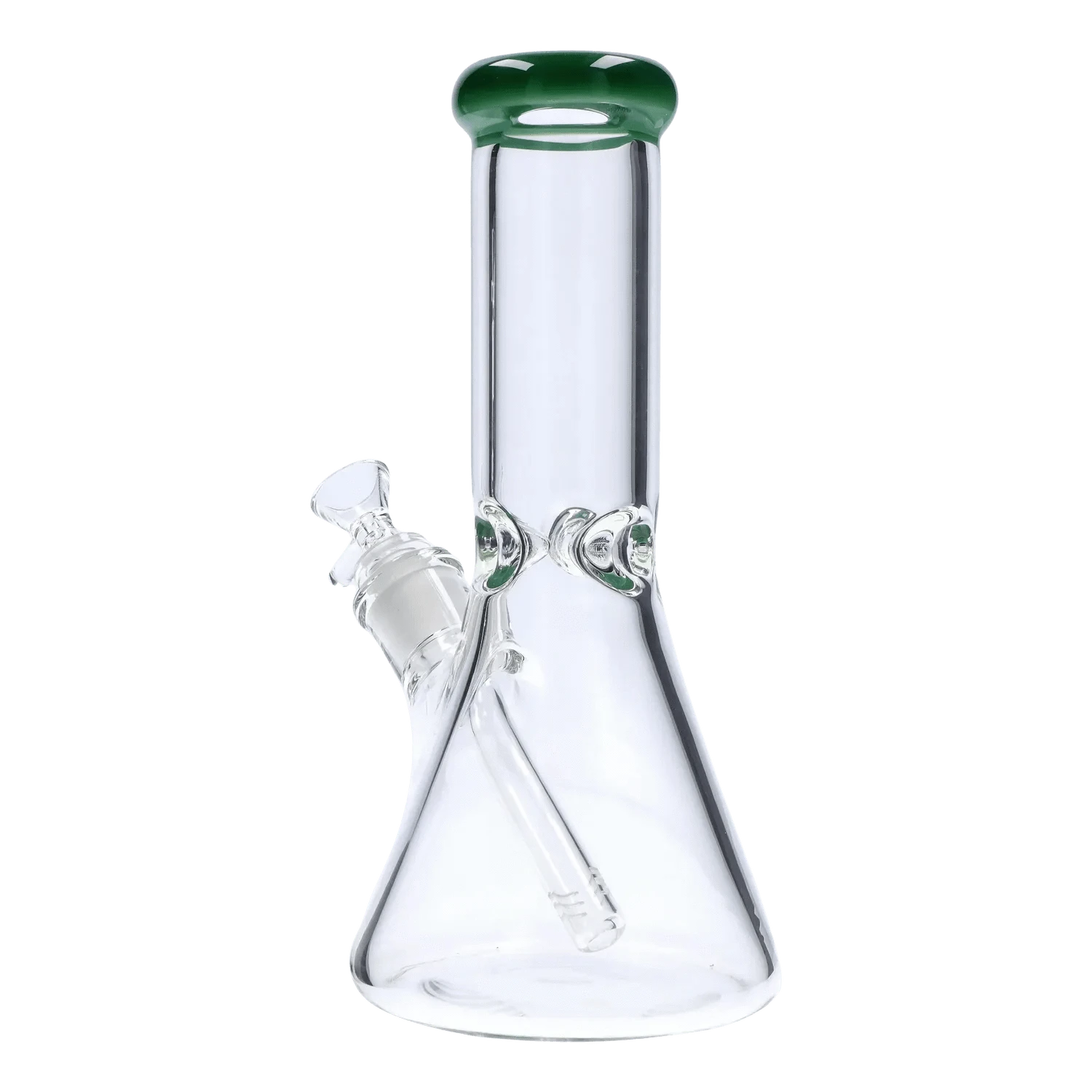 Studio-lit close-up of the DHC Beaker with Color Mouthpiece & Ice Pinch Bong - 10 in., showing its clear beaker base, angled downstem and green-tinted mouthpiece.