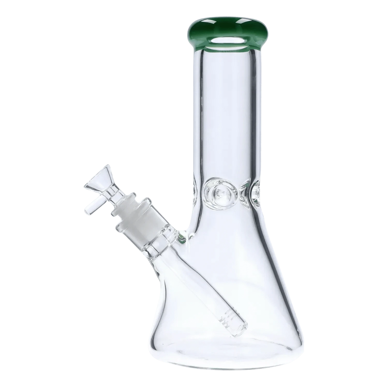 Angled side view of the DHC Beaker with Color Mouthpiece & Ice Pinch Bong - 10 in., showing clear glass beaker body, green-rimmed mouthpiece, and downstem joint.