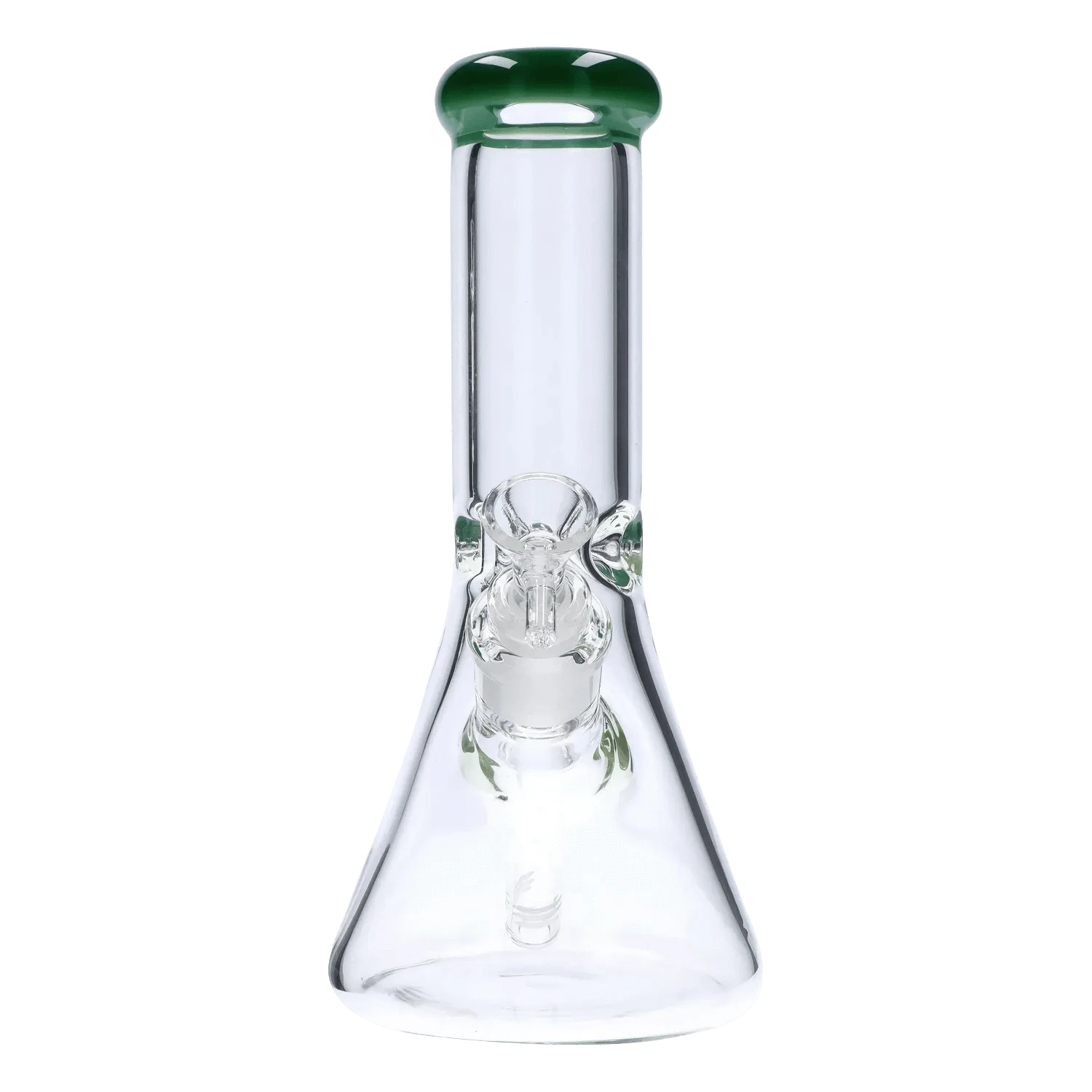 Straight-on view of the DHC Beaker with Color Mouthpiece & Ice Pinch Bong - 10 in., showing its clear glass body and green-tinted mouthpiece against a plain background