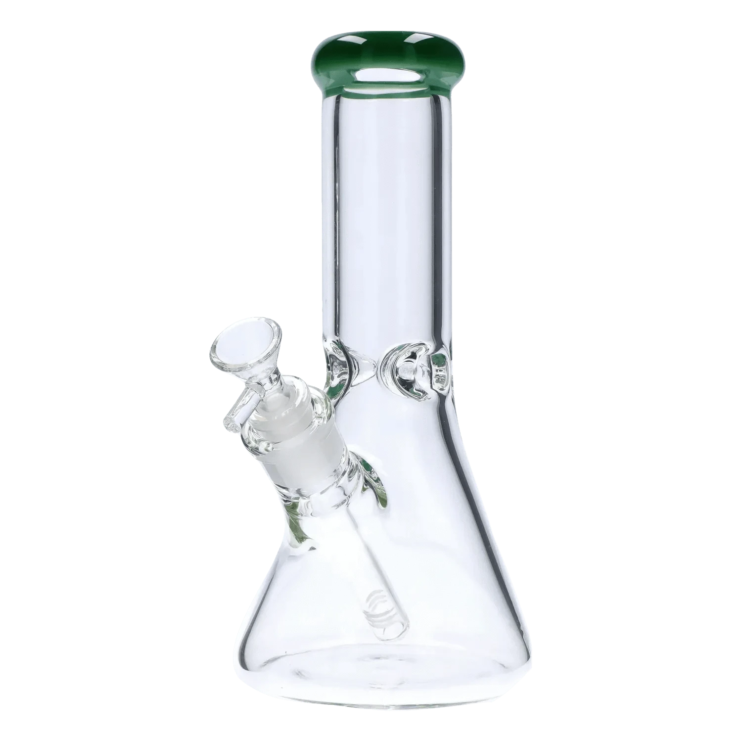Front-facing view of the DHC Beaker with Color Mouthpiece & Ice Pinch Bong - 10 in., showing the clear glass beaker body, angled downstem, and green-tinted rounded mouthpiece.