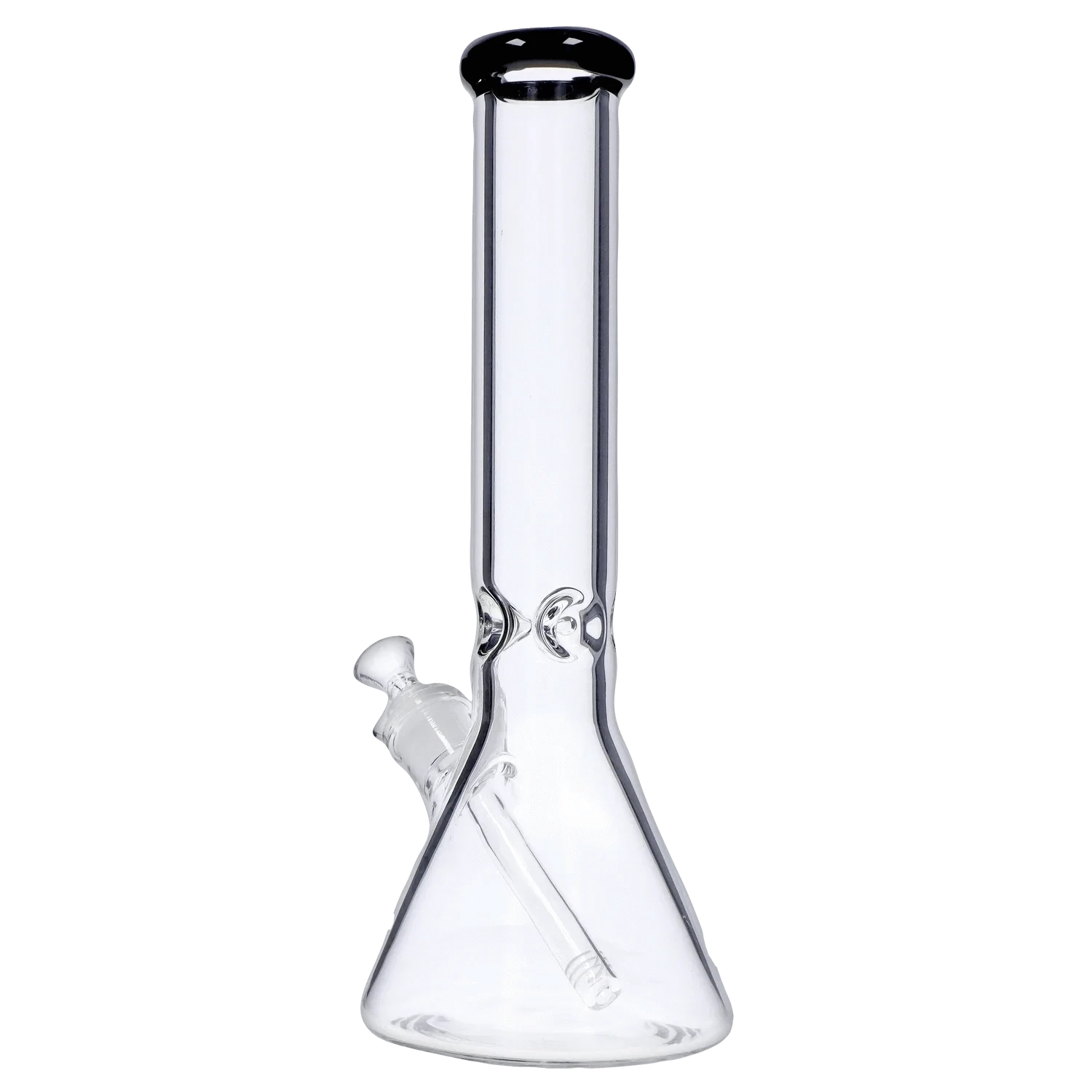 Straight-on view of the DHC Beaker with Color Mouthpiece & Ice Pinch Bong - 14 in., showing the clear glass beaker base, angled downstem, and black-rimmed mouthpiece.