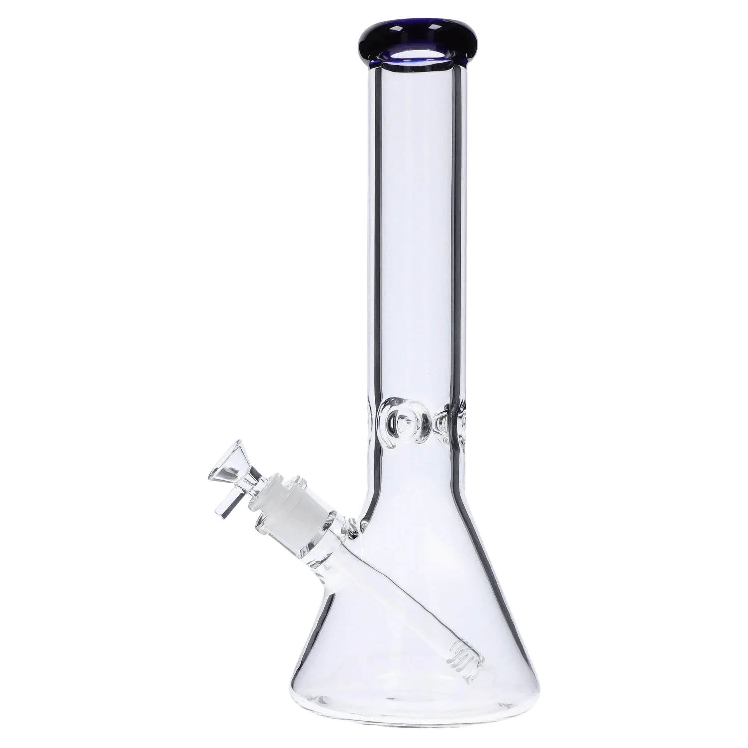 Front view of the DHC Beaker with Color Mouthpiece & Ice Pinch Bong - 14 in., showing the clear glass beaker body, angled downstem, and dark-colored rounded mouthpiece.