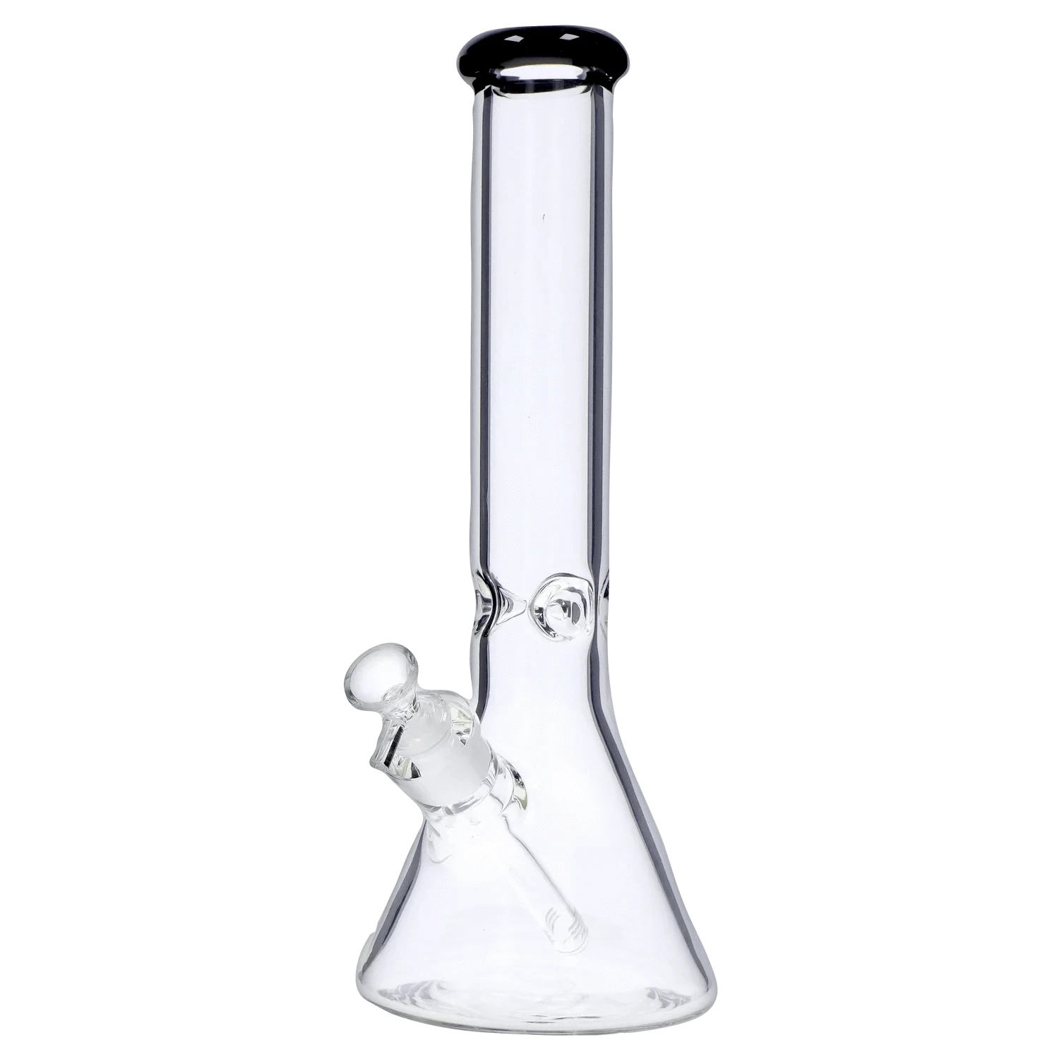 Vertical front view of the clear DHC Beaker with Color Mouthpiece & Ice Pinch Bong - 14 in., isolated on white showing its beaker base and straight neck.