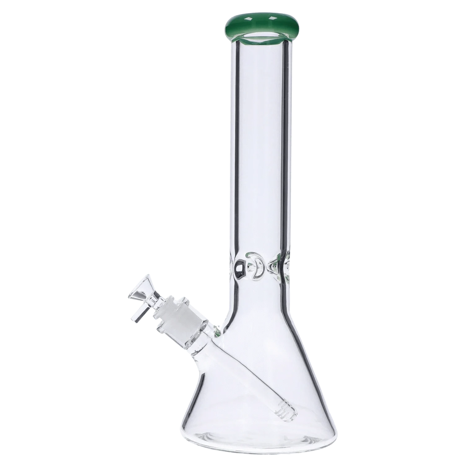 Upright studio shot of the DHC Beaker with Color Mouthpiece & Ice Pinch Bong - 14 in., showing its clear glass beaker base, angled downstem, and green-tinted mouthpiece.