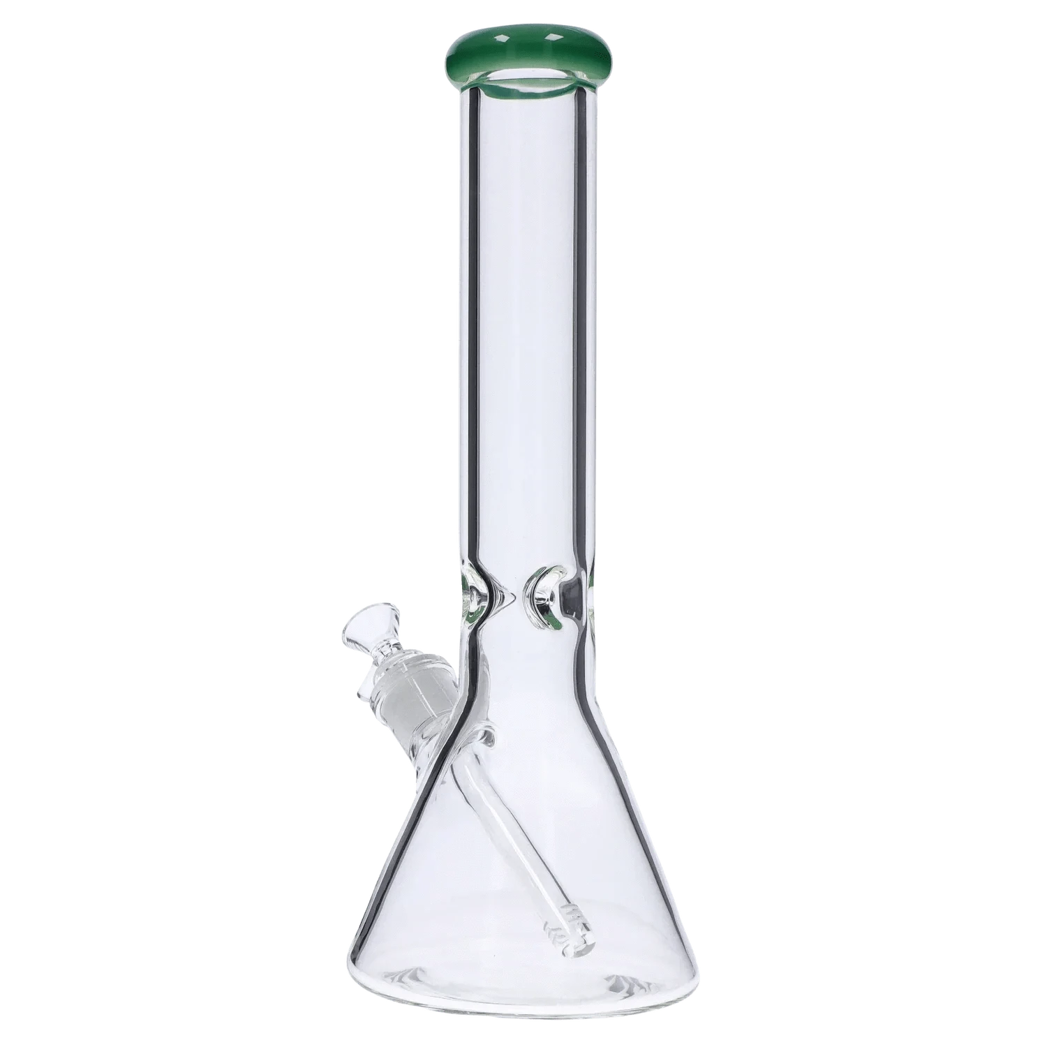 Vertical front view of the DHC Beaker with Color Mouthpiece & Ice Pinch Bong - 14 in., showing its clear glass beaker base, angled downstem and green-tinted mouthpiece.