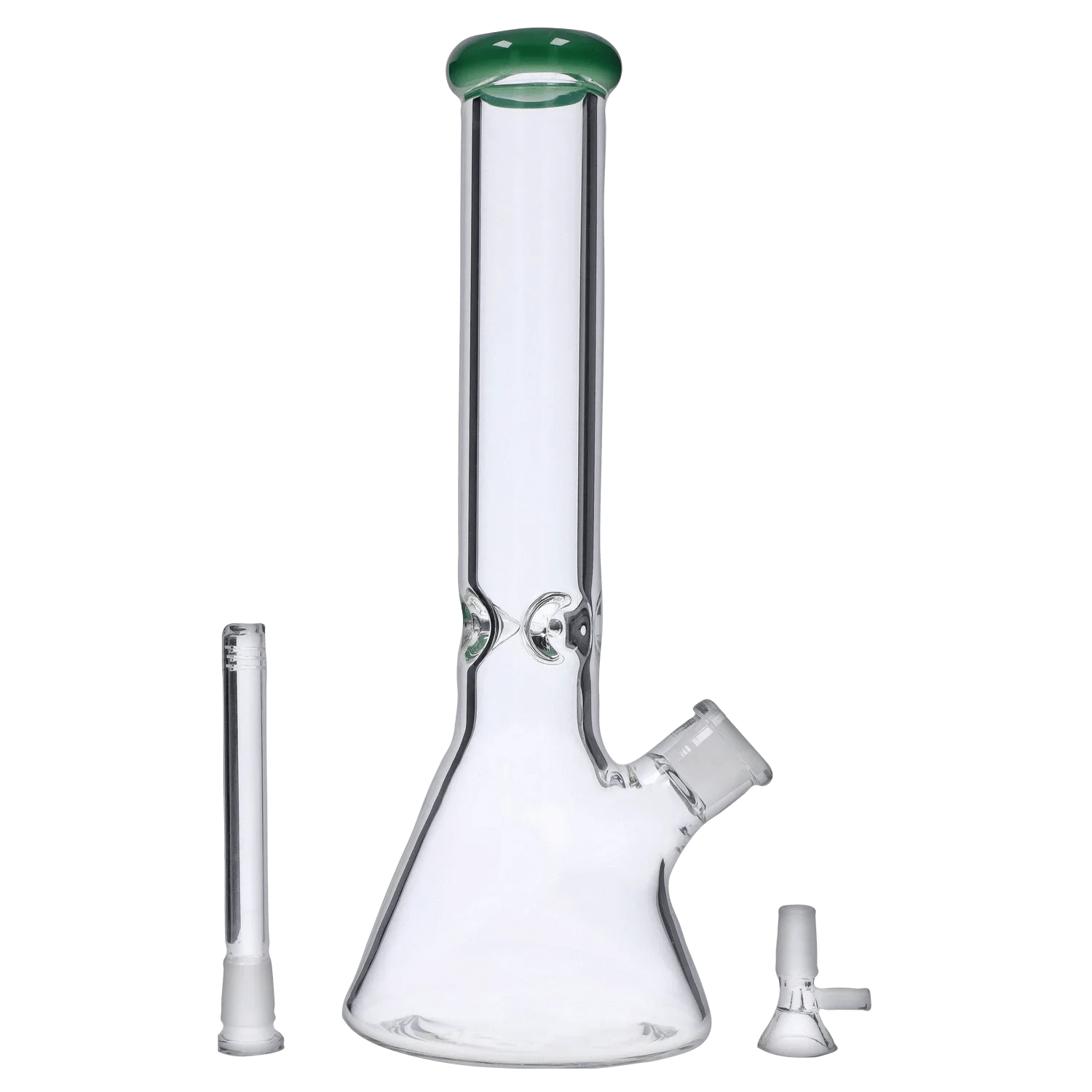 Front-facing shot of the DHC Beaker with Color Mouthpiece & Ice Pinch Bong - 14 in. showing its clear glass beaker base, straight neck with green mouthpiece, and separate downstem and bowl.