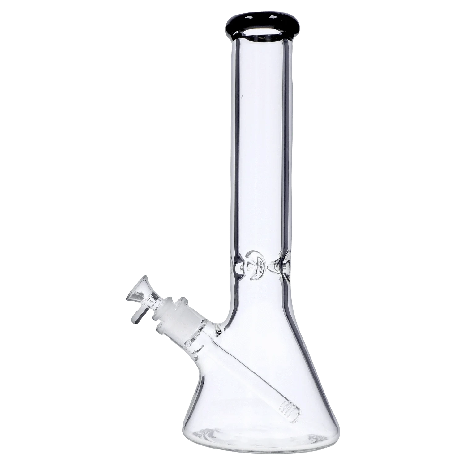 Studio-lit side view of the clear DHC Beaker with Color Mouthpiece & Ice Pinch Bong - 14 in., showing its beaker base and angled downstem.