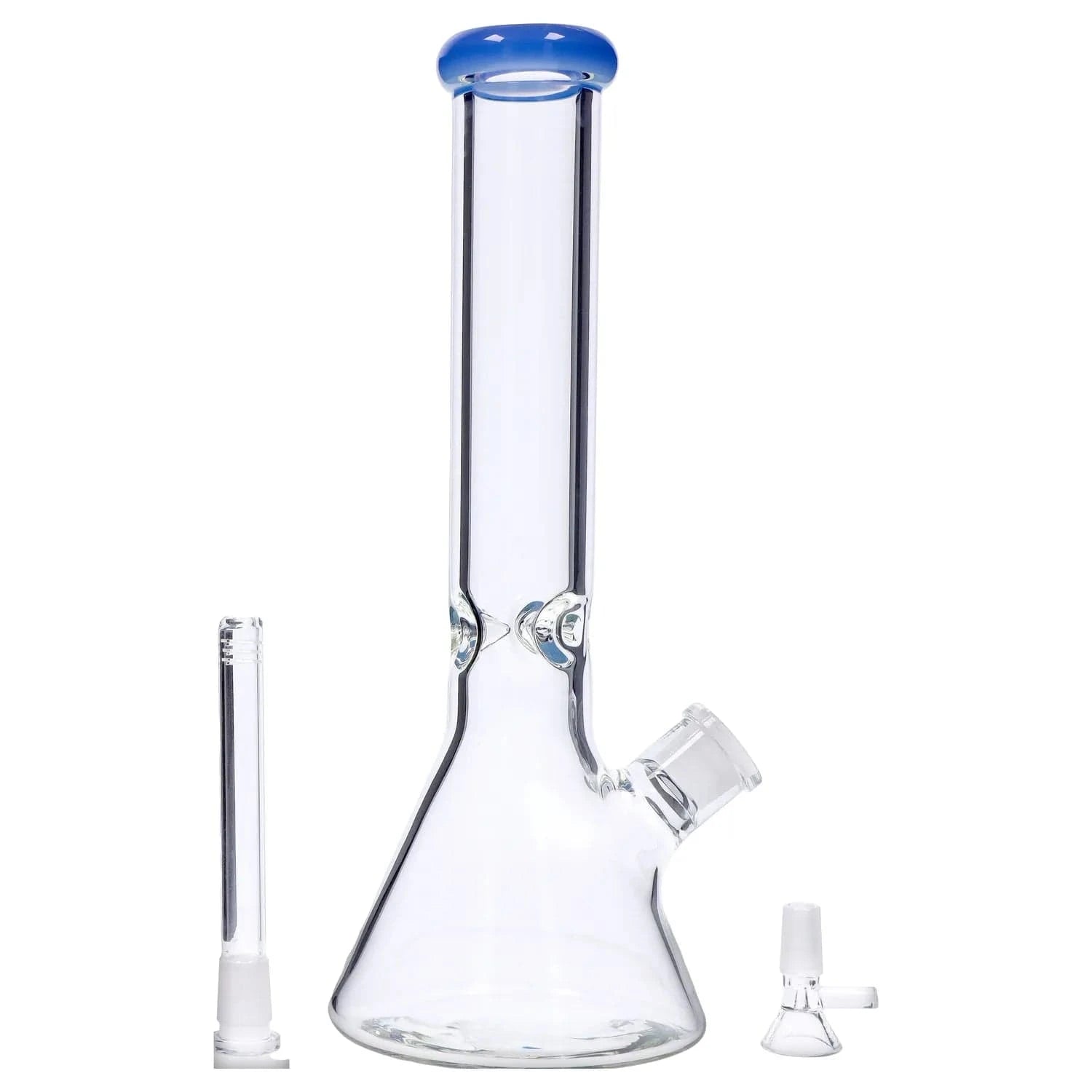 Vertical front view of the clear DHC Beaker with Color Mouthpiece & Ice Pinch Bong - 14 in., showing its blue-rimmed mouthpiece, beaker base, and removable downstem and bowl on a white background