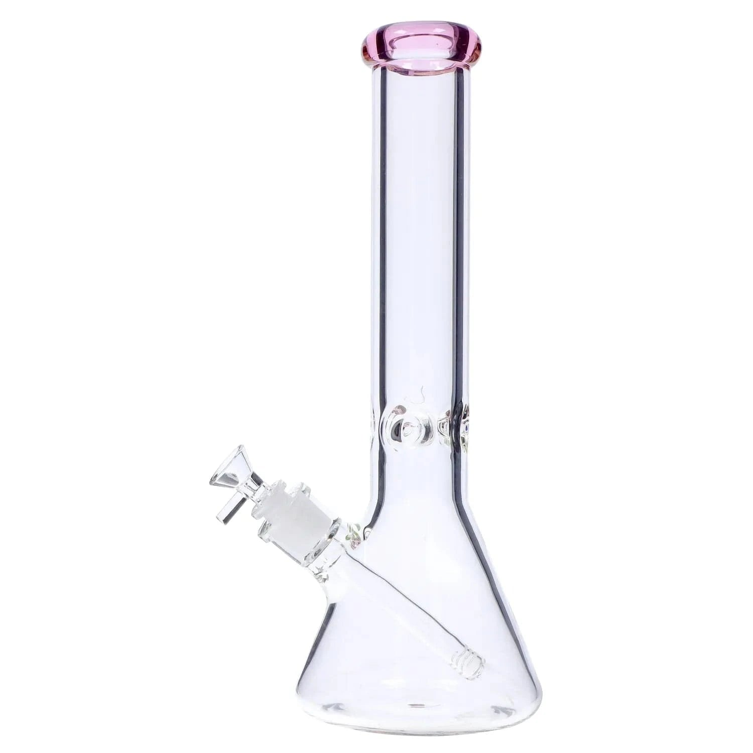 Close-up front view of the DHC Beaker with Color Mouthpiece & Ice Pinch Bong - 14 in., showing its clear beaker body, angled downstem and pink-tinted mouthpiece against a white background.