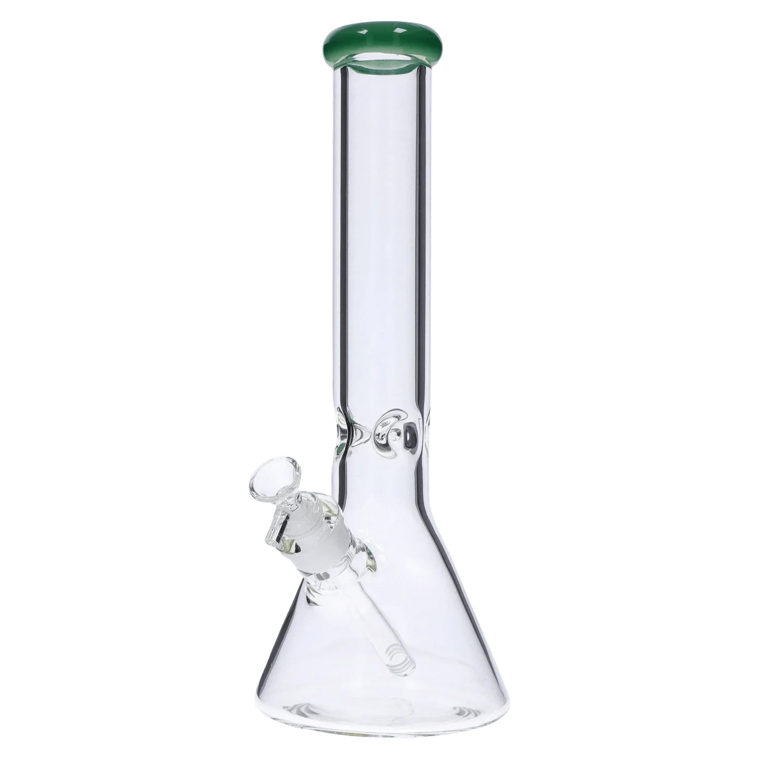 Centered front view of the DHC Beaker with Color Mouthpiece & Ice Pinch Bong - 14 in., showing its clear glass beaker base, straight neck and green-tinted mouthpiece.