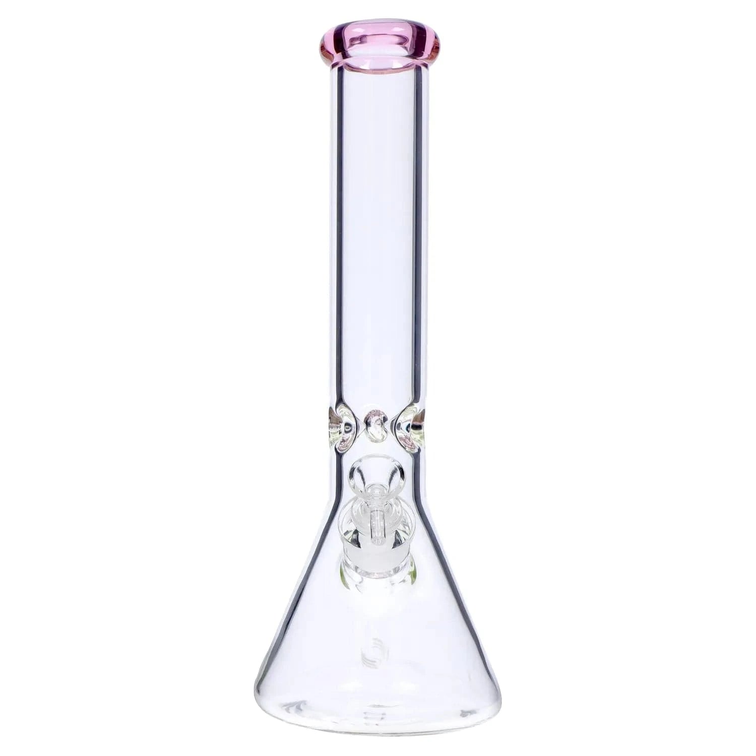 Centered front view of the DHC Beaker with Color Mouthpiece & Ice Pinch Bong - 14 in., showing its clear glass beaker base and pale pink rim against a white background