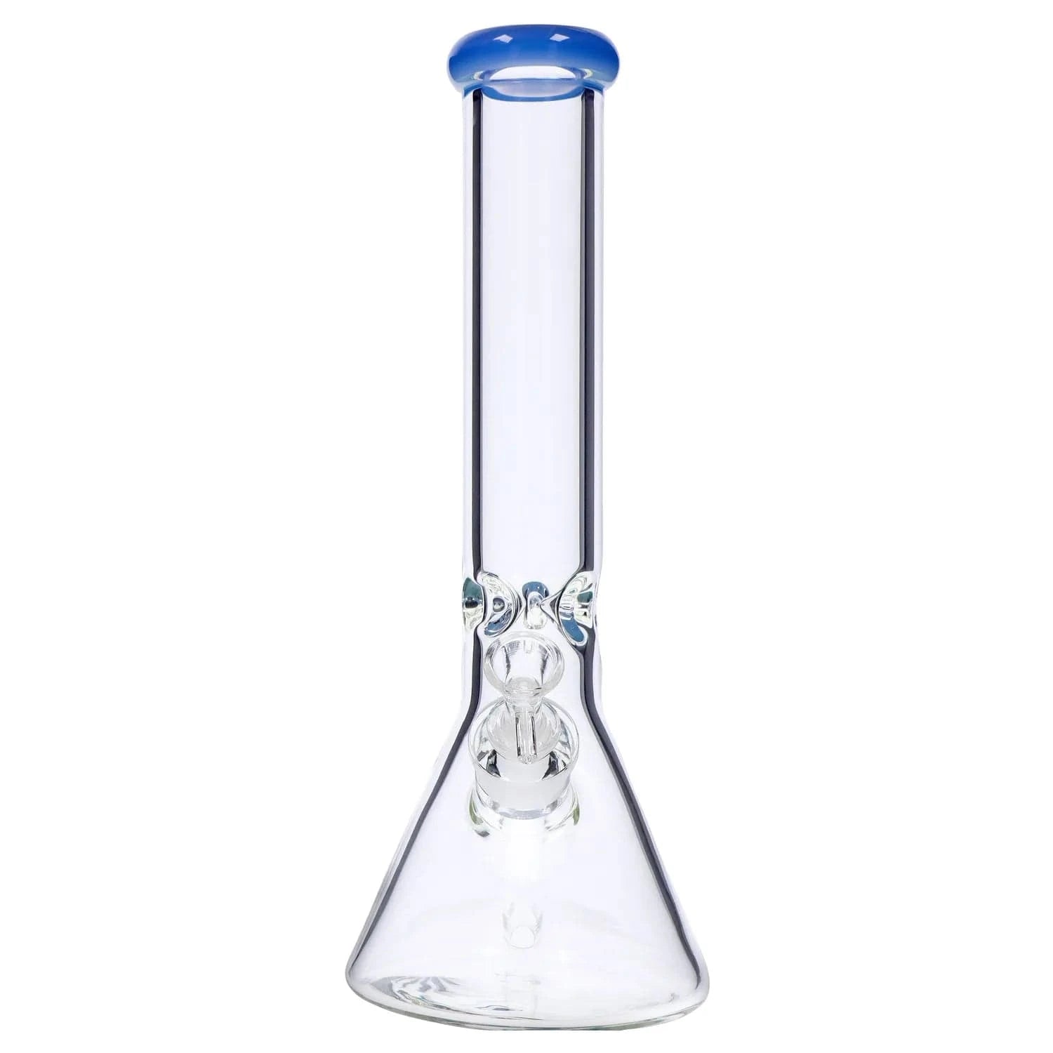 Centered front view of the DHC Beaker with Color Mouthpiece & Ice Pinch Bong - 14 in., showing its clear glass tube, blue-rimmed mouthpiece, and beaker base on a white background