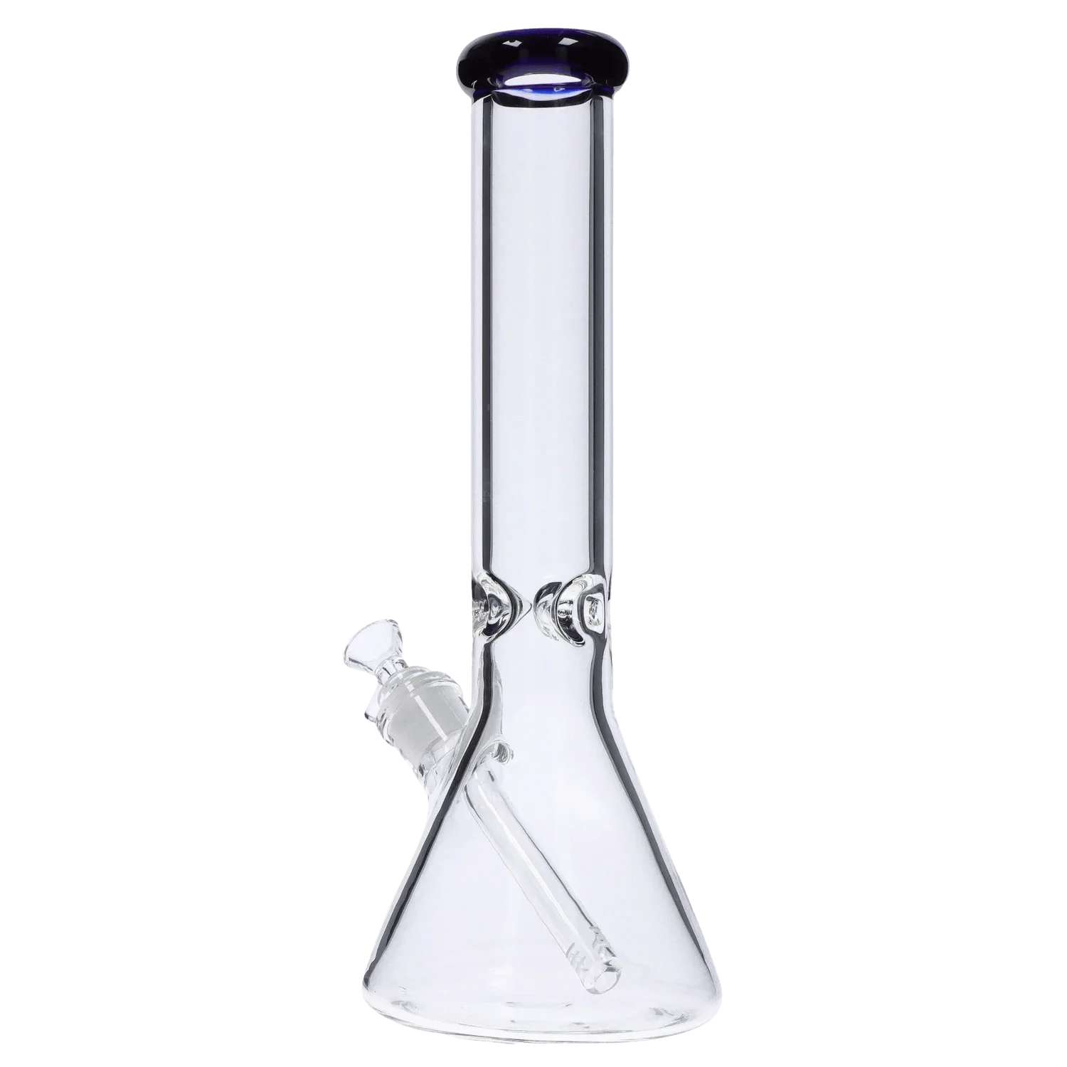 Studio-style front view of the DHC Beaker with Color Mouthpiece & Ice Pinch Bong - 14 in., showing its clear glass beaker base, straight neck, and dark blue rounded mouthpiece.