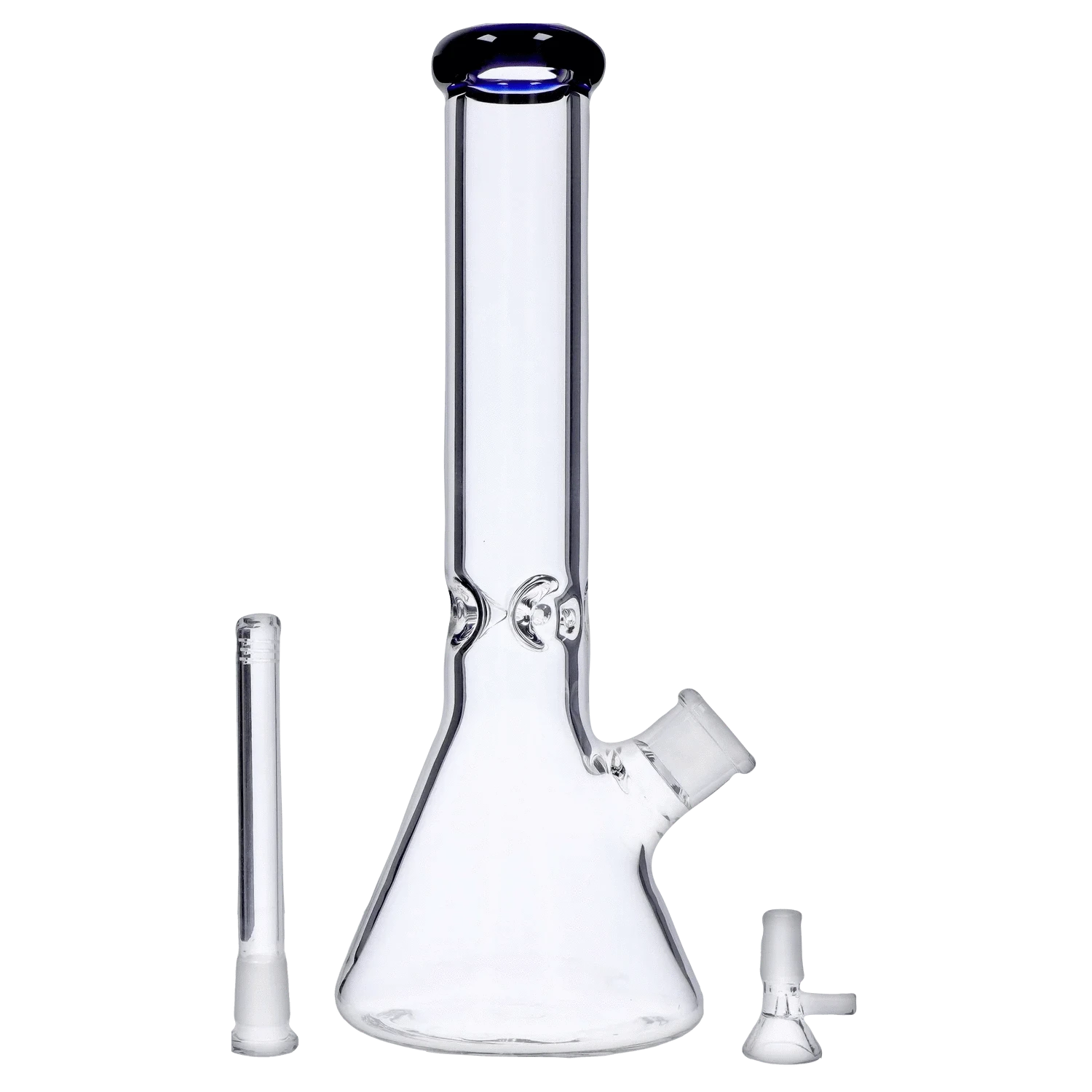 Centered front view of the clear glass DHC Beaker with Color Mouthpiece & Ice Pinch Bong - 14 in., showing its blue-rimmed mouthpiece, beaker base, and detached downstem and bowl on a white background