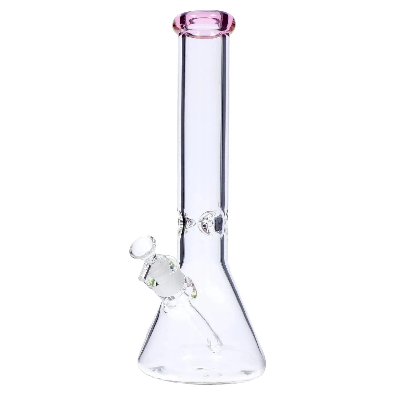Close-up front view of the DHC Beaker with Color Mouthpiece & Ice Pinch Bong - 14 in., showing its clear glass beaker body, angled downstem and pink-tinted mouthpiece against a white background
