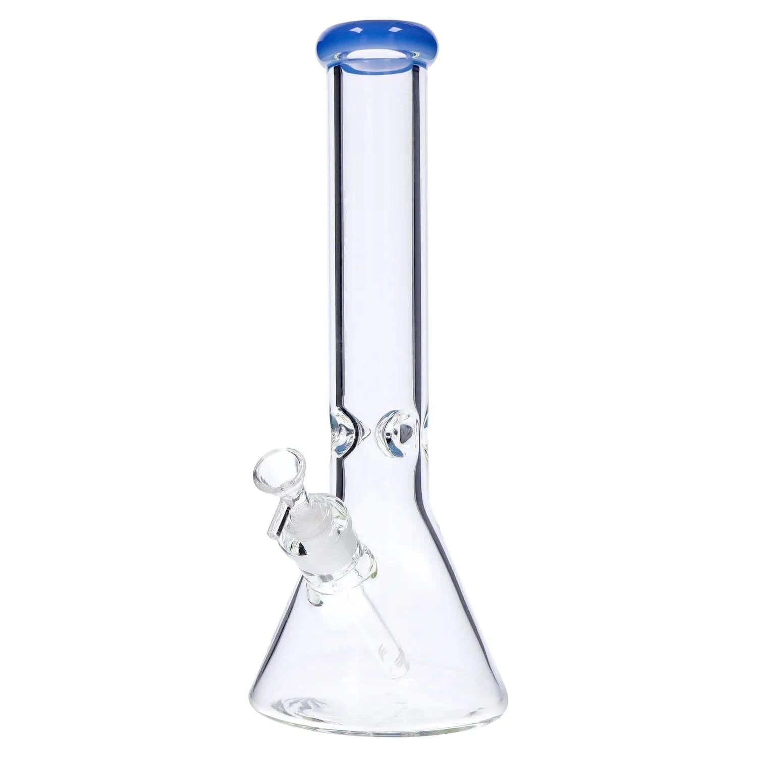 CENTERED front view of the DHC Beaker with Color Mouthpiece & Ice Pinch Bong - 14 in., showing the clear glass beaker base, angled downstem and blue-rimmed mouthpiece against a white background