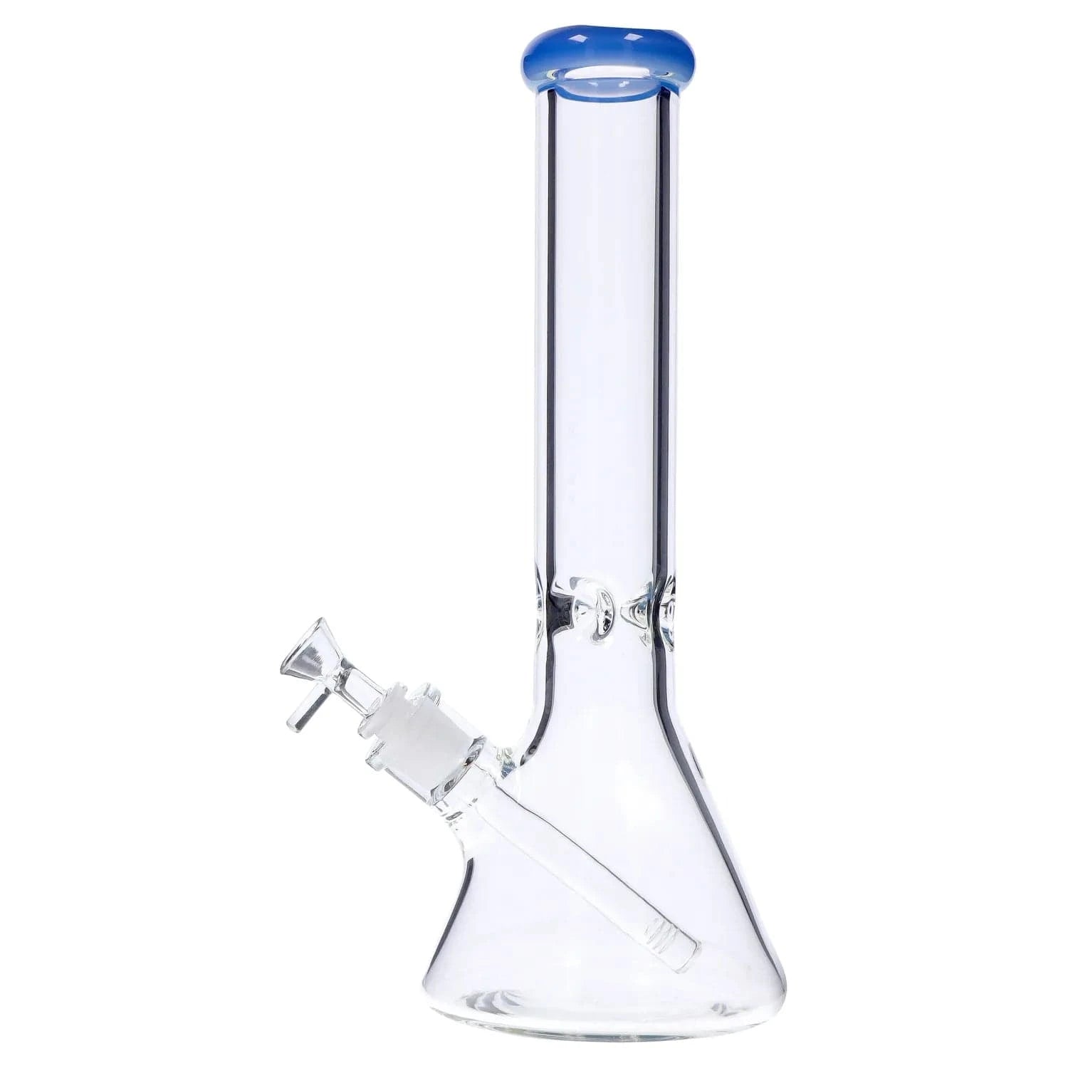 Close-up front view of the DHC Beaker with Color Mouthpiece & Ice Pinch Bong - 14 in., showing its clear glass body and blue-rimmed mouthpiece against a white background.