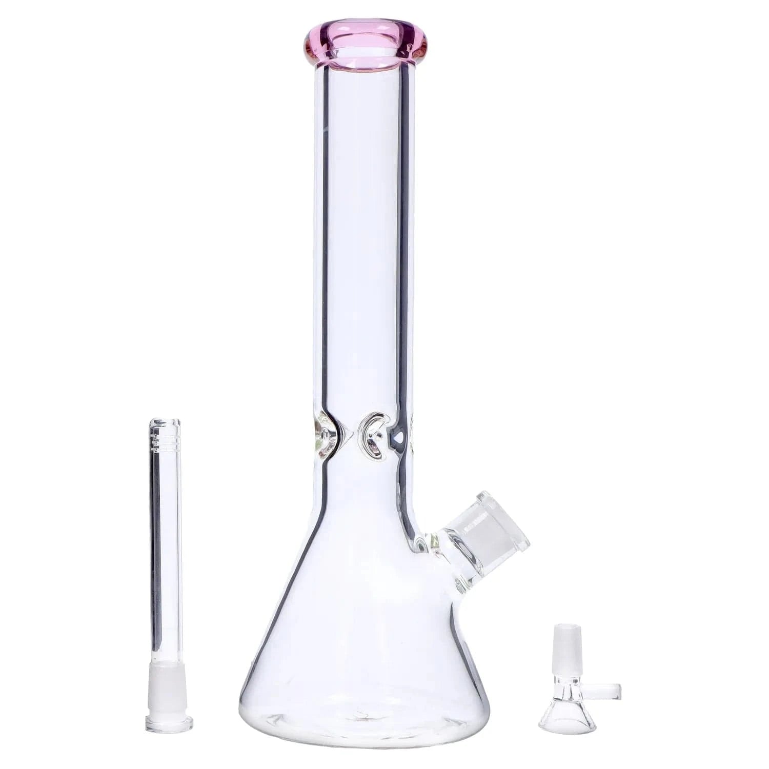 Front view of the DHC Beaker with Color Mouthpiece & Ice Pinch Bong - 14 in., showing its clear glass beaker body and pink-tinted mouthpiece against a white background