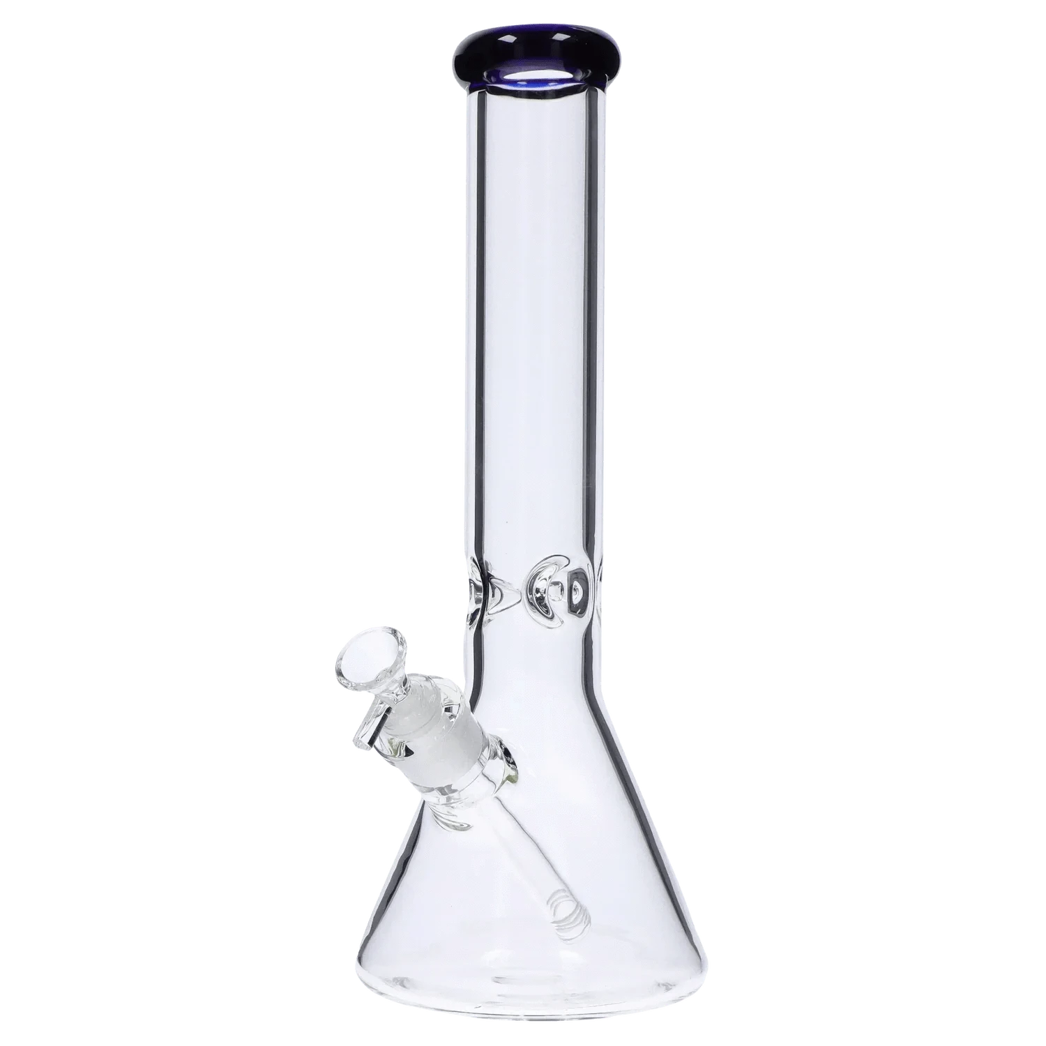 Studio-style front view of the DHC Beaker with Color Mouthpiece & Ice Pinch Bong - 14 in., showing its clear beaker base, angled downstem, and dark purple rimmed mouthpiece.