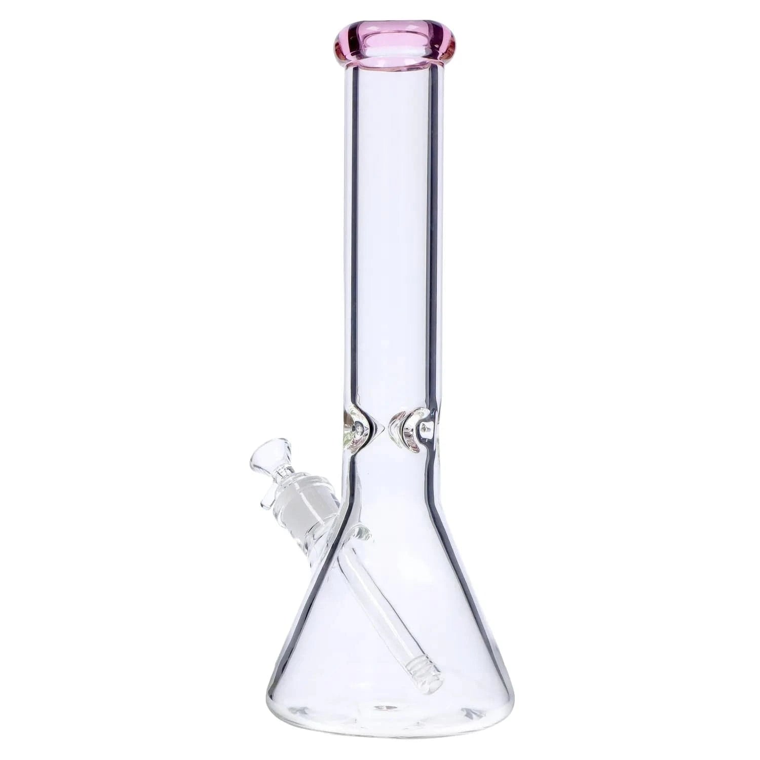 Centered front view of the DHC Beaker with Color Mouthpiece & Ice Pinch Bong - 14 in., showing its clear glass beaker base, angled downstem, and pink-tinted mouthpiece against a white background