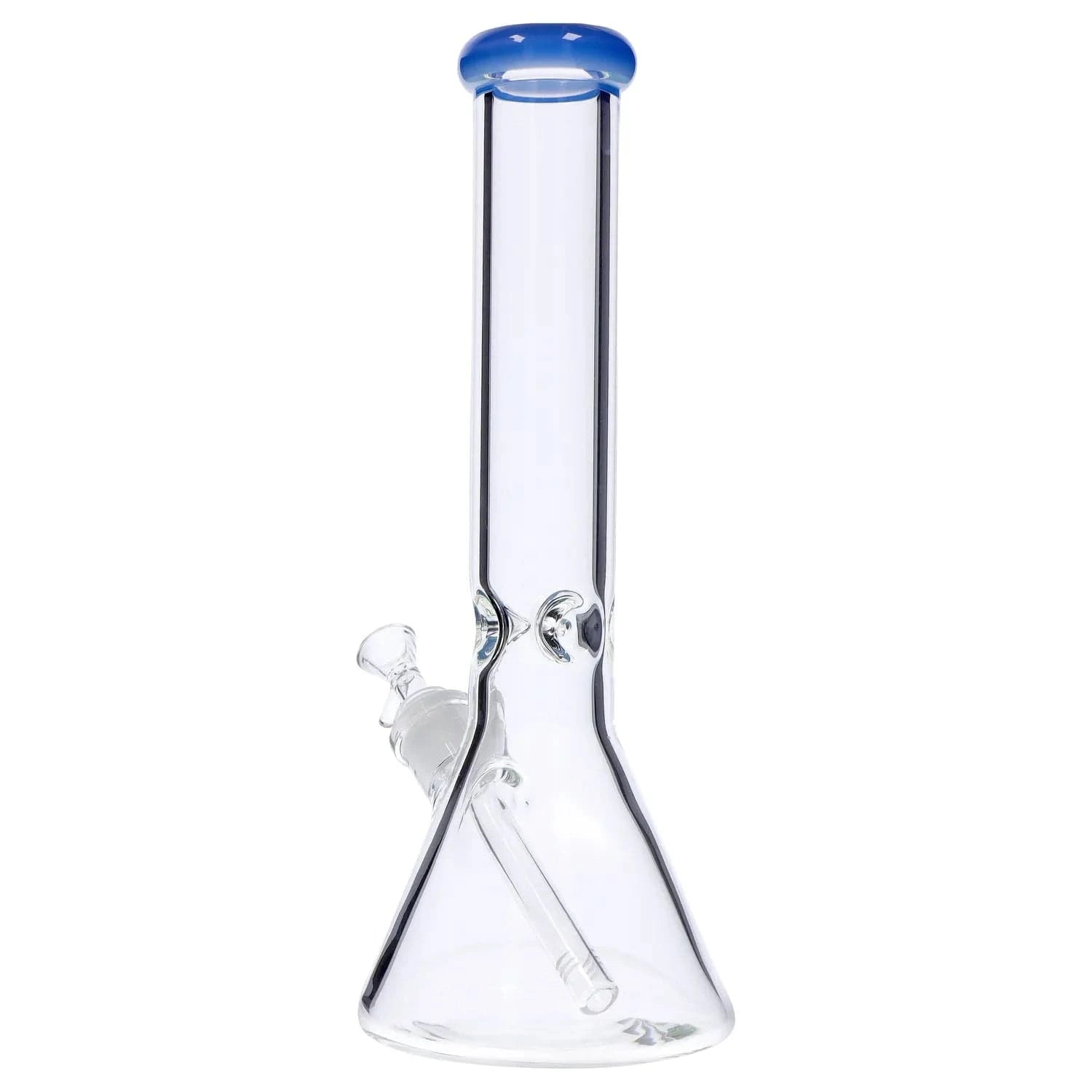 Straight-on view of the DHC Beaker with Color Mouthpiece & Ice Pinch Bong - 14 in., showing its clear glass beaker base, angled downstem and blue-tinted mouthpiece.
