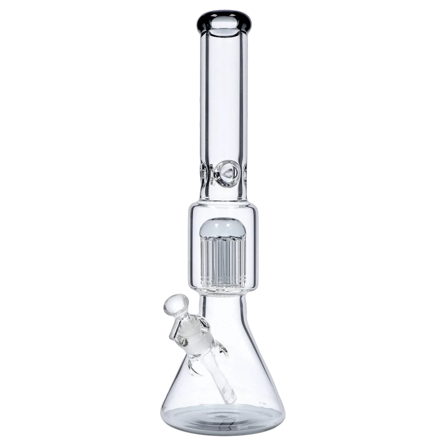 Straight-on view of the clear DHC 9mm Beaker with Tree Perc Bong - 18 in., showing the beaker base, angled joint, and tree percolator.