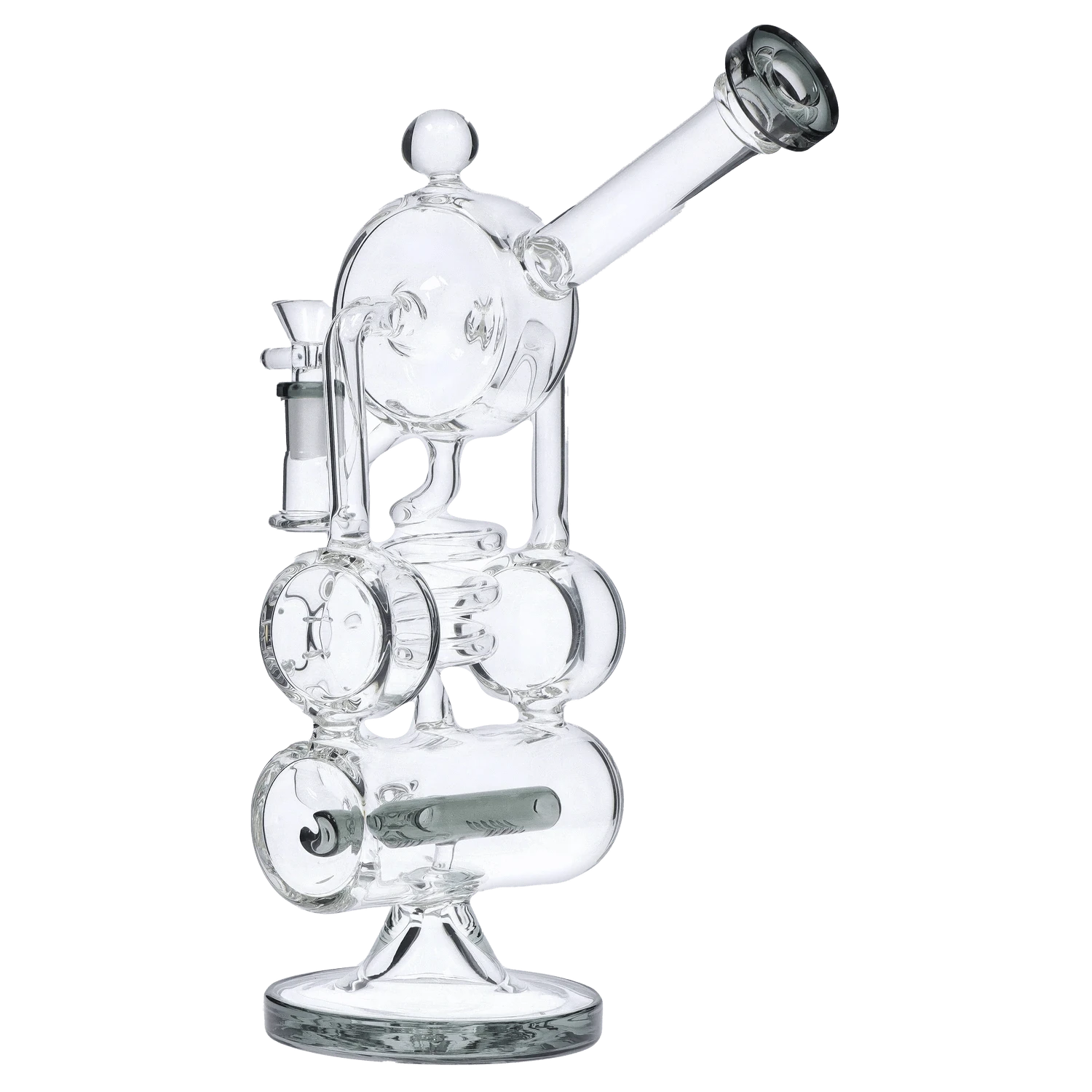 Angled studio shot of the clear glass DHC Barrel w/ Inline Perc Bong - 13 in., showing its spherical chambers, slanted mouthpiece, and reflective base.