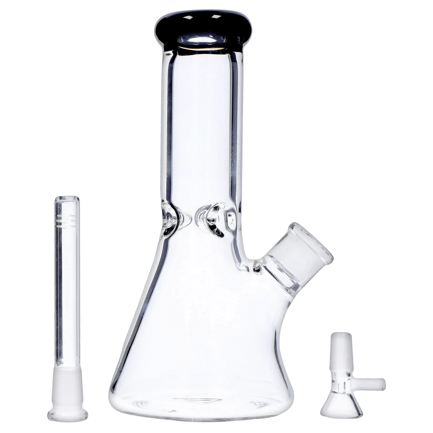 Close-up front view of the clear glass DHC Beaker with Color Mouthpiece & Ice Pinch Bong - 10 in., shown with its angled joint, removable downstem, and separate bowl against a white background