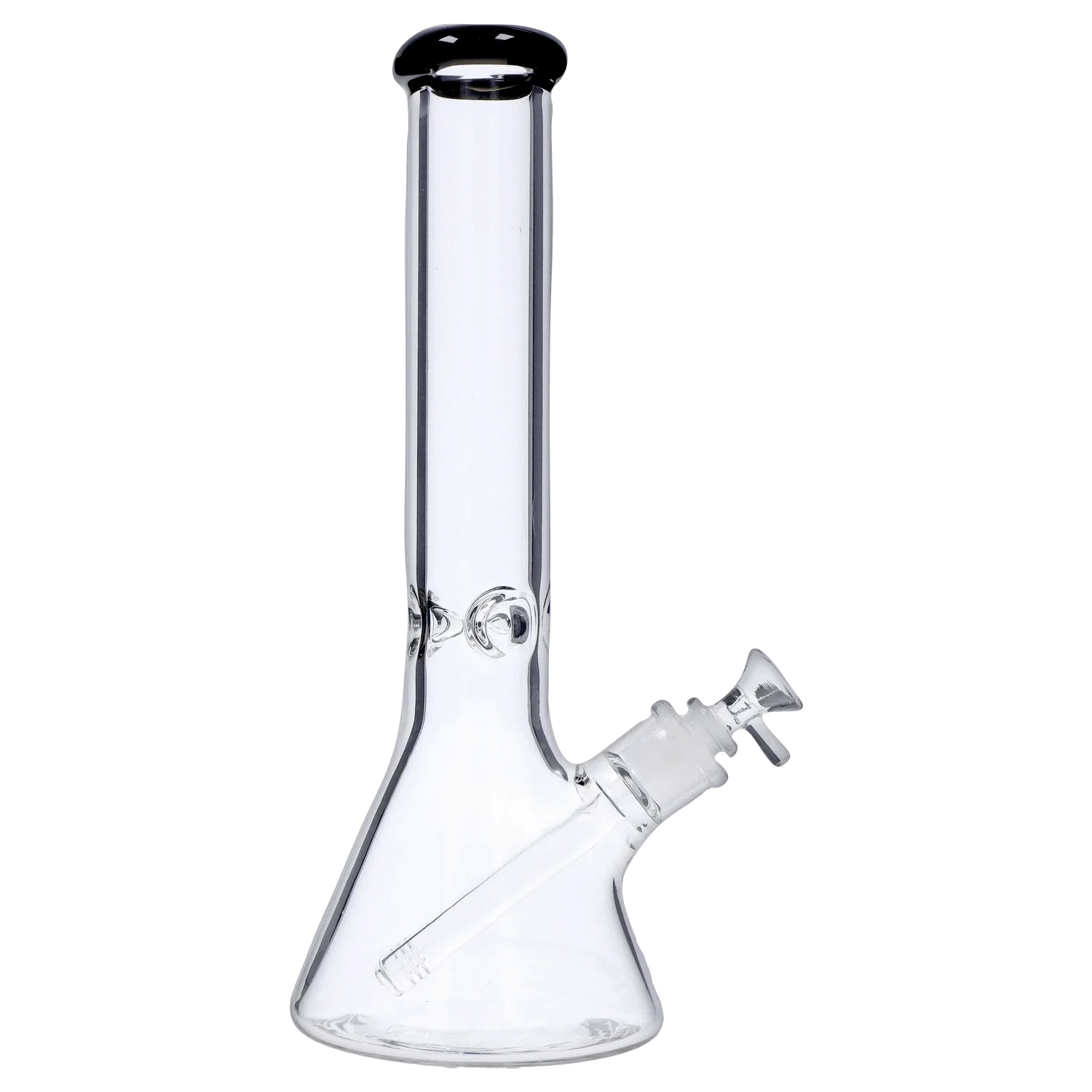 Straight-on view of the DHC Beaker with Color Mouthpiece & Ice Pinch Bong - 14 in., showing the clear glass beaker base, angled downstem and black-rimmed mouthpiece against a plain background