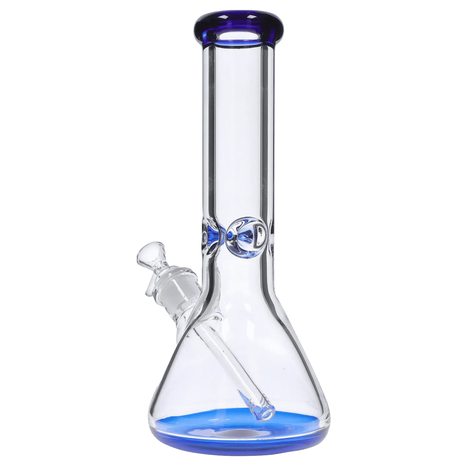 Straight-on view of the DHC 9mm Big Base Beaker w/ Color Accents Bong - 12 in. showing its clear glass tube, blue-rimmed mouthpiece, blue base and side-mounted downstem.