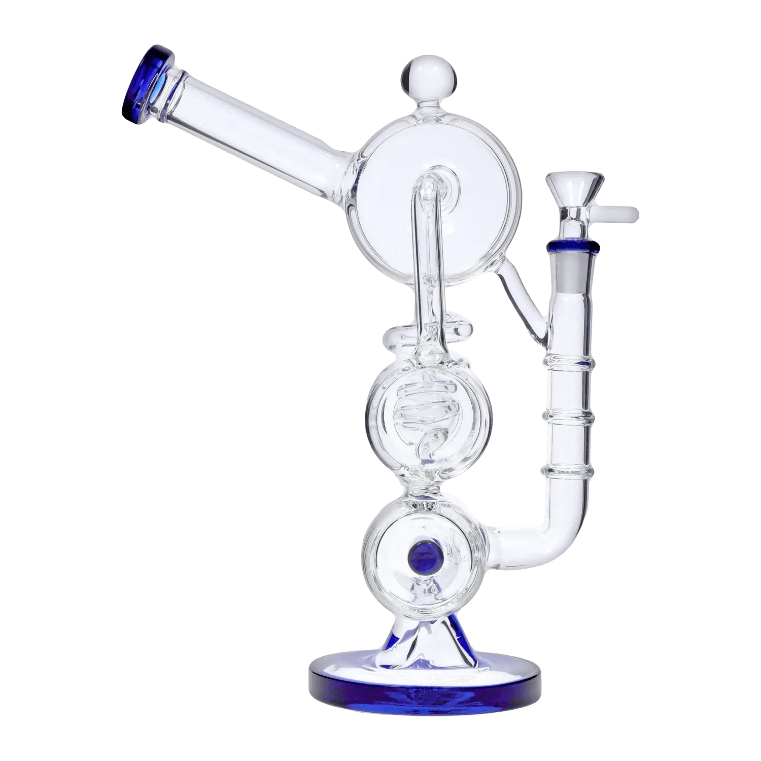 Angled side view of the clear glass DHC Barrel w/ Inline Perc Bong - 13 in. with blue-rim accents and visible inline percolator.