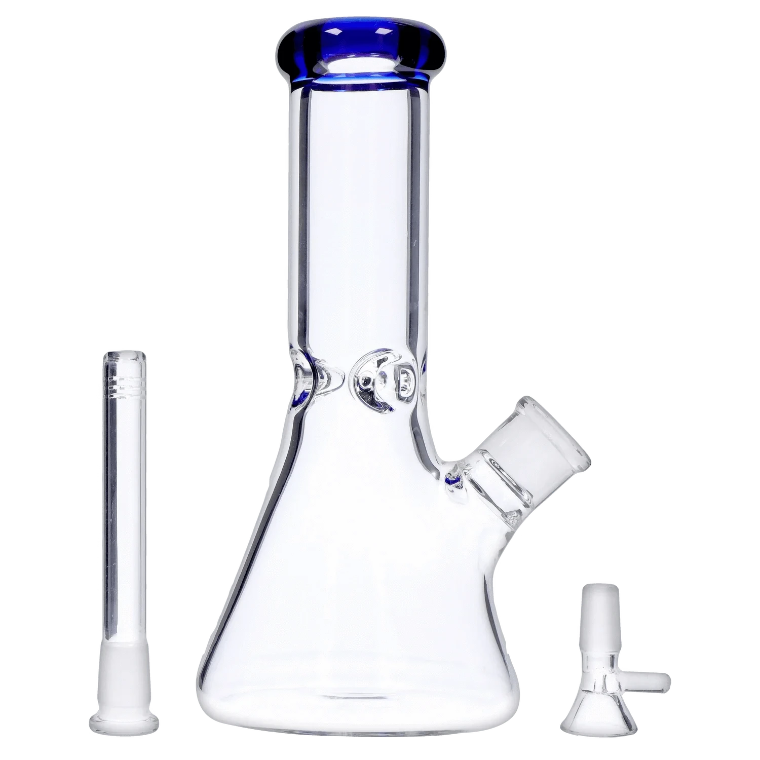 Angled close-up of the DHC Beaker with Color Mouthpiece & Ice Pinch Bong - 10 in., showing its clear glass beaker body, blue-rimmed mouthpiece, and removable downstem and bowl on a plain background