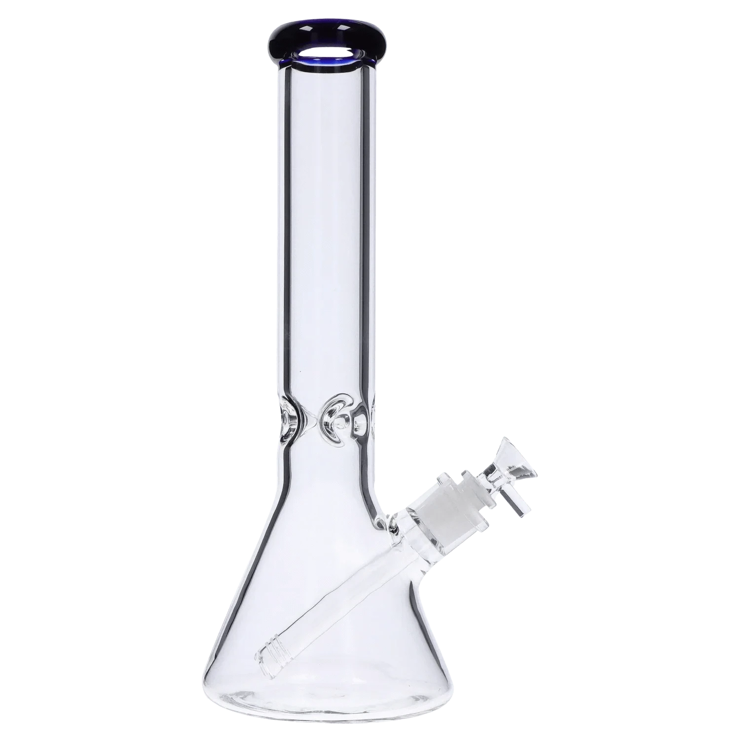 Front-facing view of the DHC Beaker with Color Mouthpiece & Ice Pinch Bong - 14 in., clear glass beaker body with a dark colored rounded mouthpiece and angled downstem.
