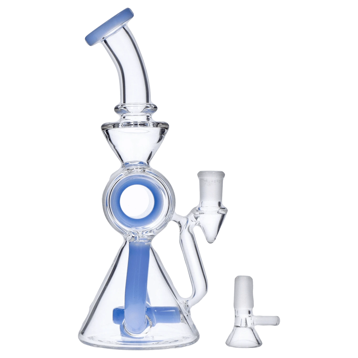 Angled close-up of the clear glass DHC Barrel w/ Circ Perc Bong - 7.5 in., showing its bent neck, circular chamber with blue accent, and detachable bowl.