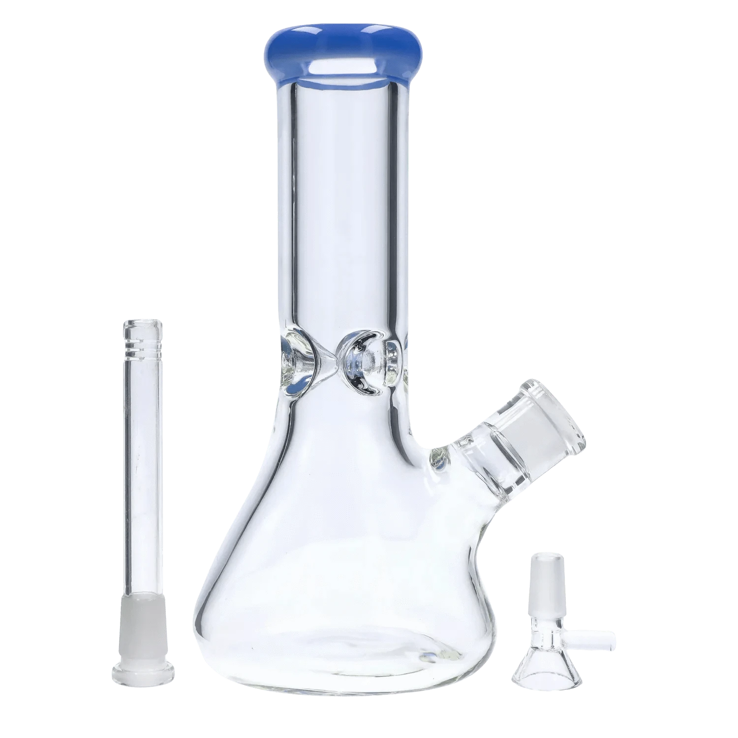 Front-facing close-up of the DHC Beaker with Color Mouthpiece & Ice Pinch Bong - 10 in., showing its clear glass body, blue rimmed mouthpiece, and detached downstem and bowl against a plain background