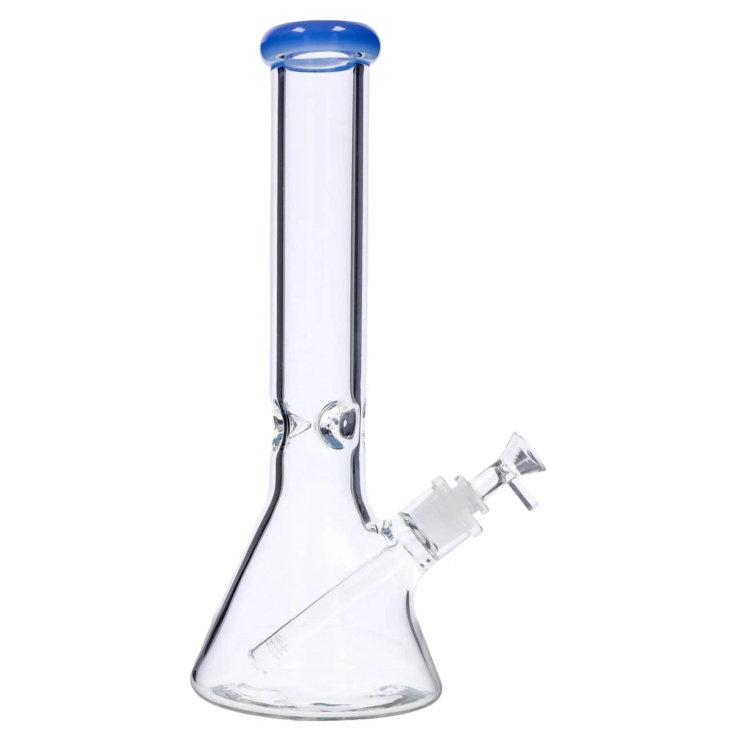 Side view of the DHC Beaker with Color Mouthpiece & Ice Pinch Bong - 14 in., showing the clear glass beaker base, angled downstem, and blue-rimmed mouthpiece against a white background