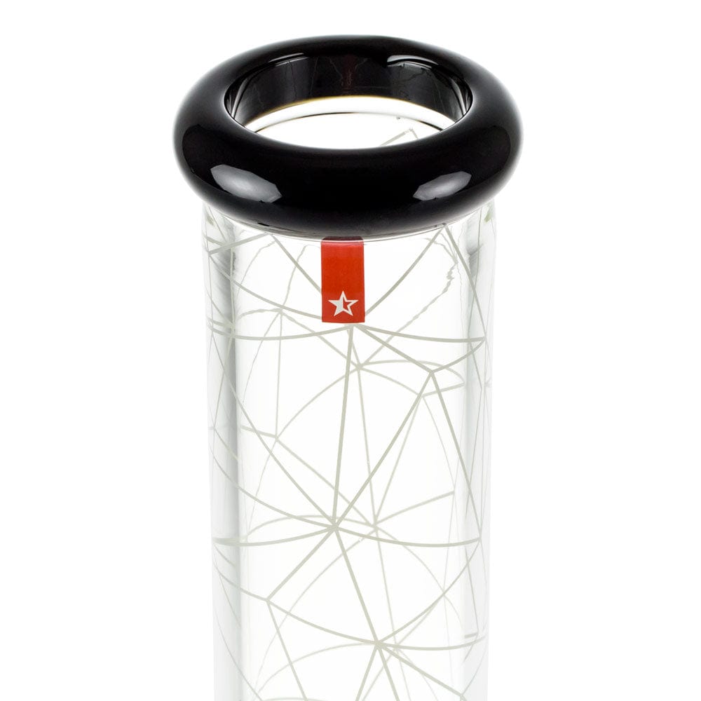 Top-down view of the clear glass Famous Design Space Bong - 12 in. showing a glossy black rounded mouthpiece and light geometric line pattern on the tube.
