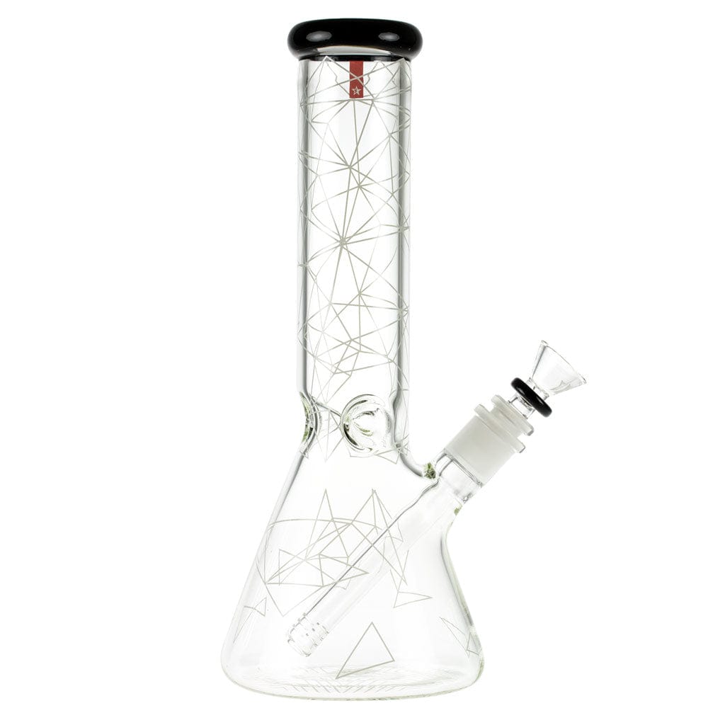 Straight-on view of the Famous Design Space Bong - 12 in. showing clear glass with thin geometric line patterns and black-rimmed mouthpiece