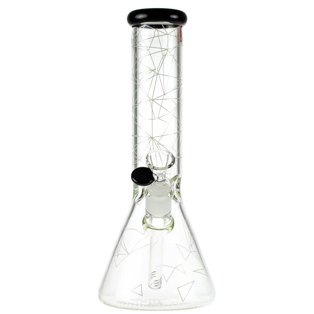Straight-on view of the Famous Design Space Bong - 12 in. showing a clear glass beaker with thin white geometric line patterns and a black-rimmed mouthpiece.